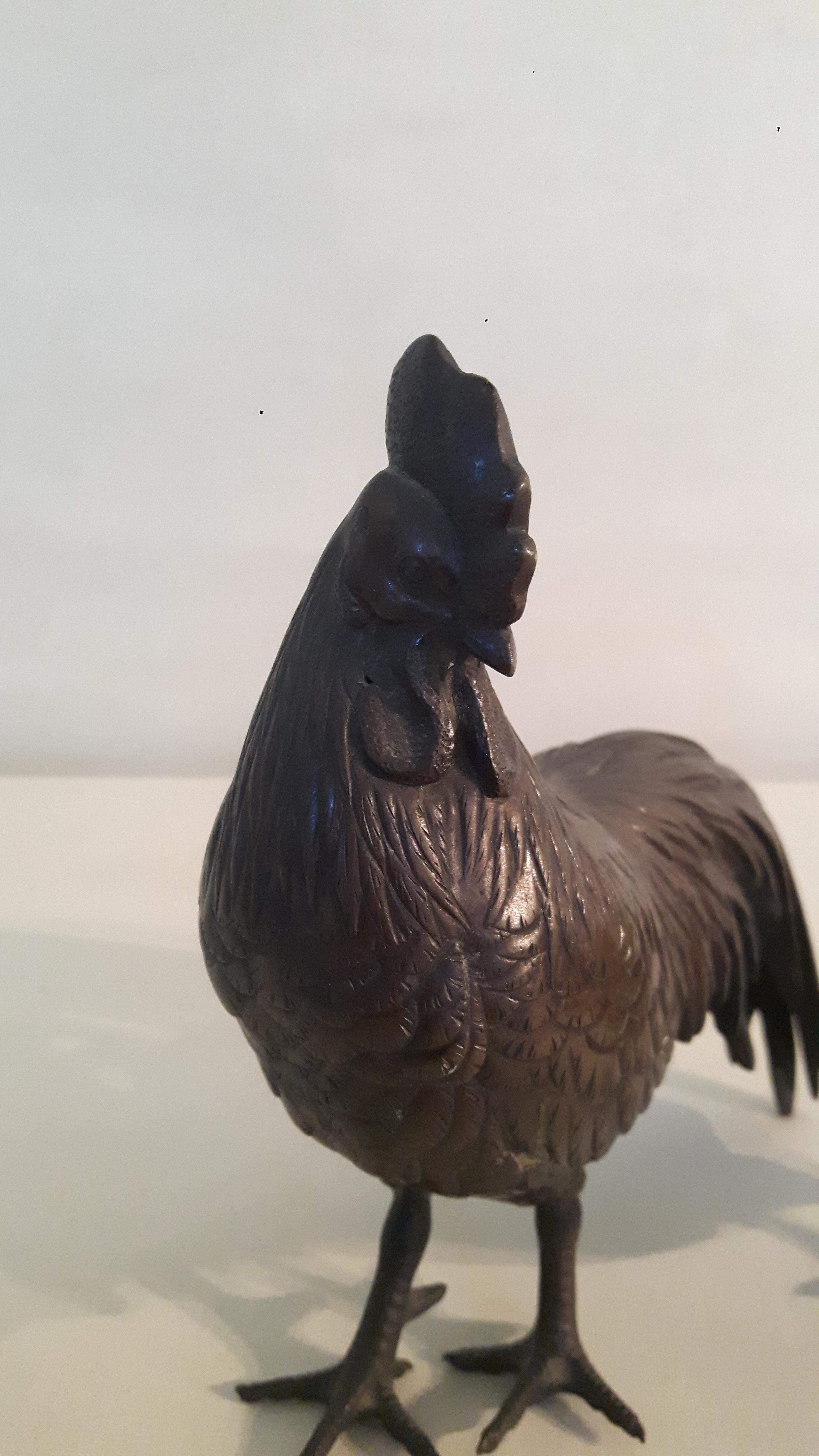 Bronze 19th Century Japanese Cockerel and Chicken For Sale