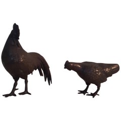 Antique 19th Century Japanese Cockerel and Chicken