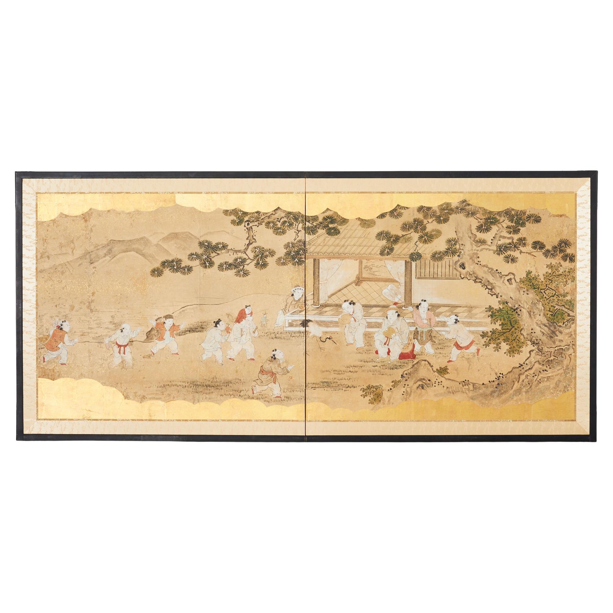 19th Century Japanese Edo Screen Kano School Garden Terrace For Sale