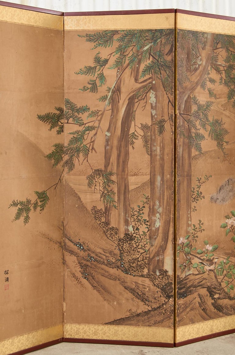 19th Century Japanese Edo Six Panel Kano School Landscape Screen In Distressed Condition For Sale In Rio Vista, CA