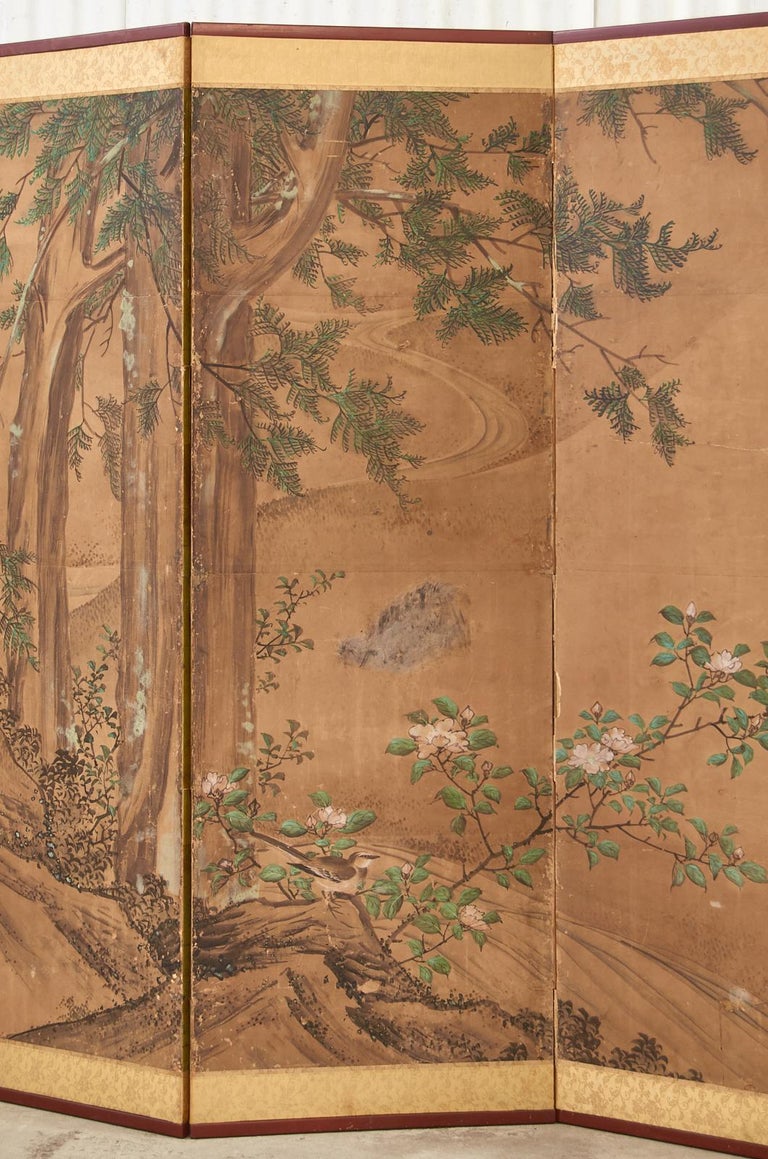Silk 19th Century Japanese Edo Six Panel Kano School Landscape Screen For Sale