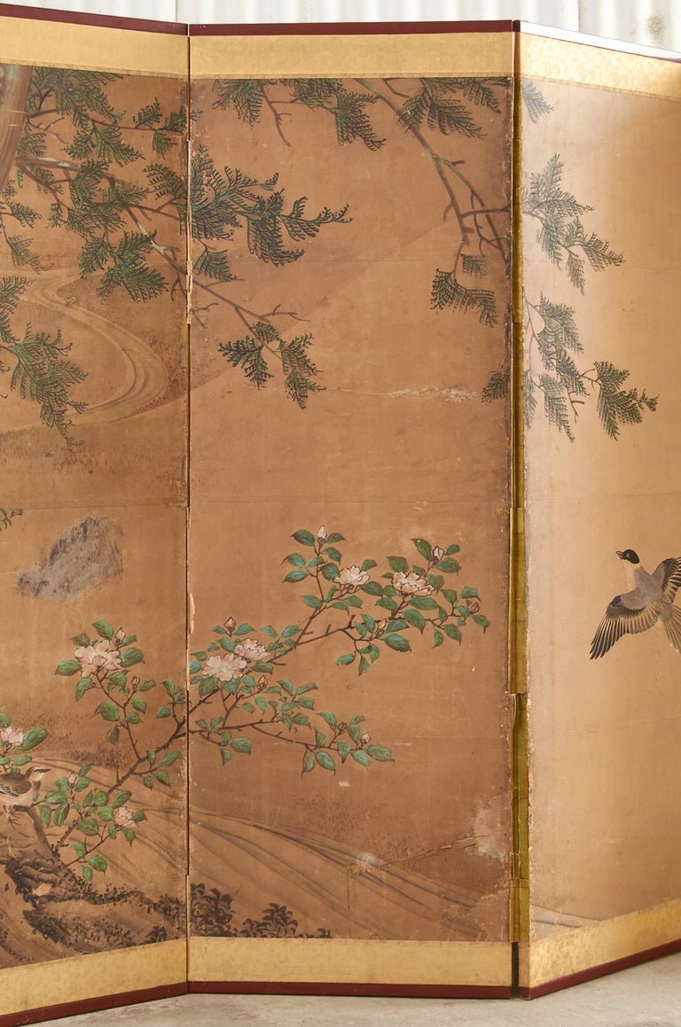 19th Century Japanese Edo Six Panel Kano School Landscape Screen For Sale 1