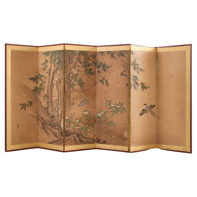 19th Century Japanese Edo Six Panel Kano School Landscape Screen For Sale