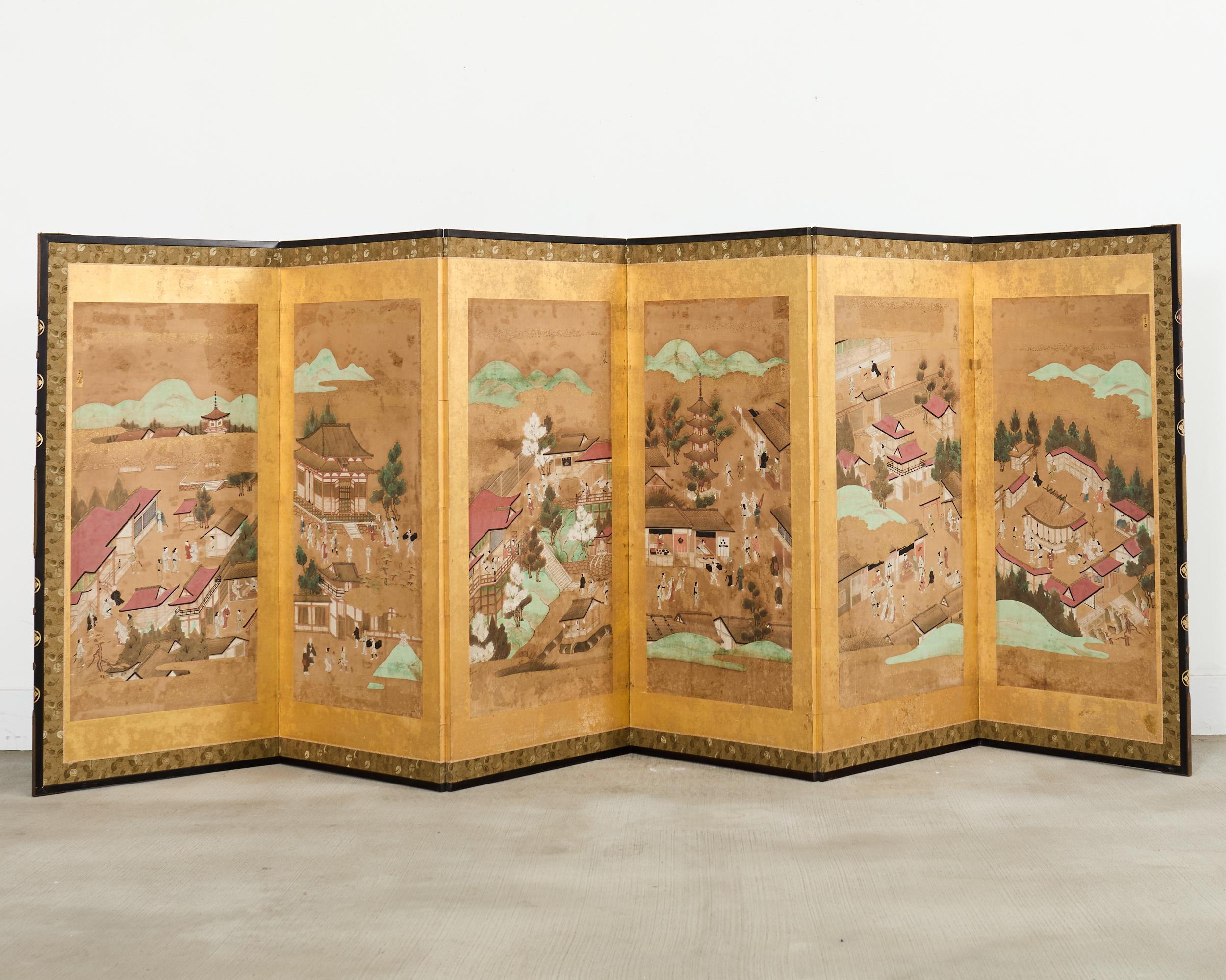 Écran japonais Edo du XIXe siècle à six panneaux Scènes de Kyoto en vente 7