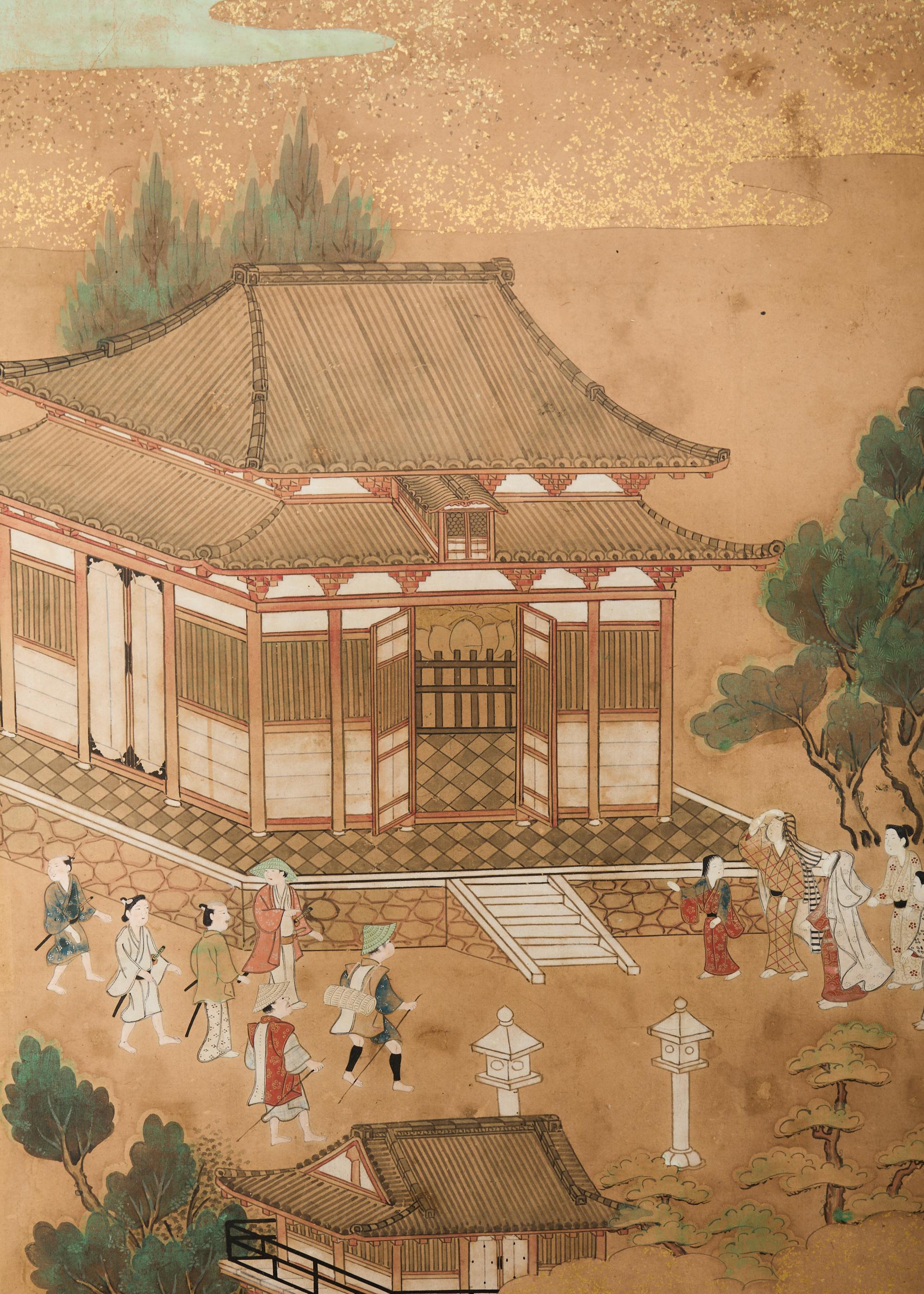 Écran japonais Edo du XIXe siècle à six panneaux Scènes de Kyoto en vente 9