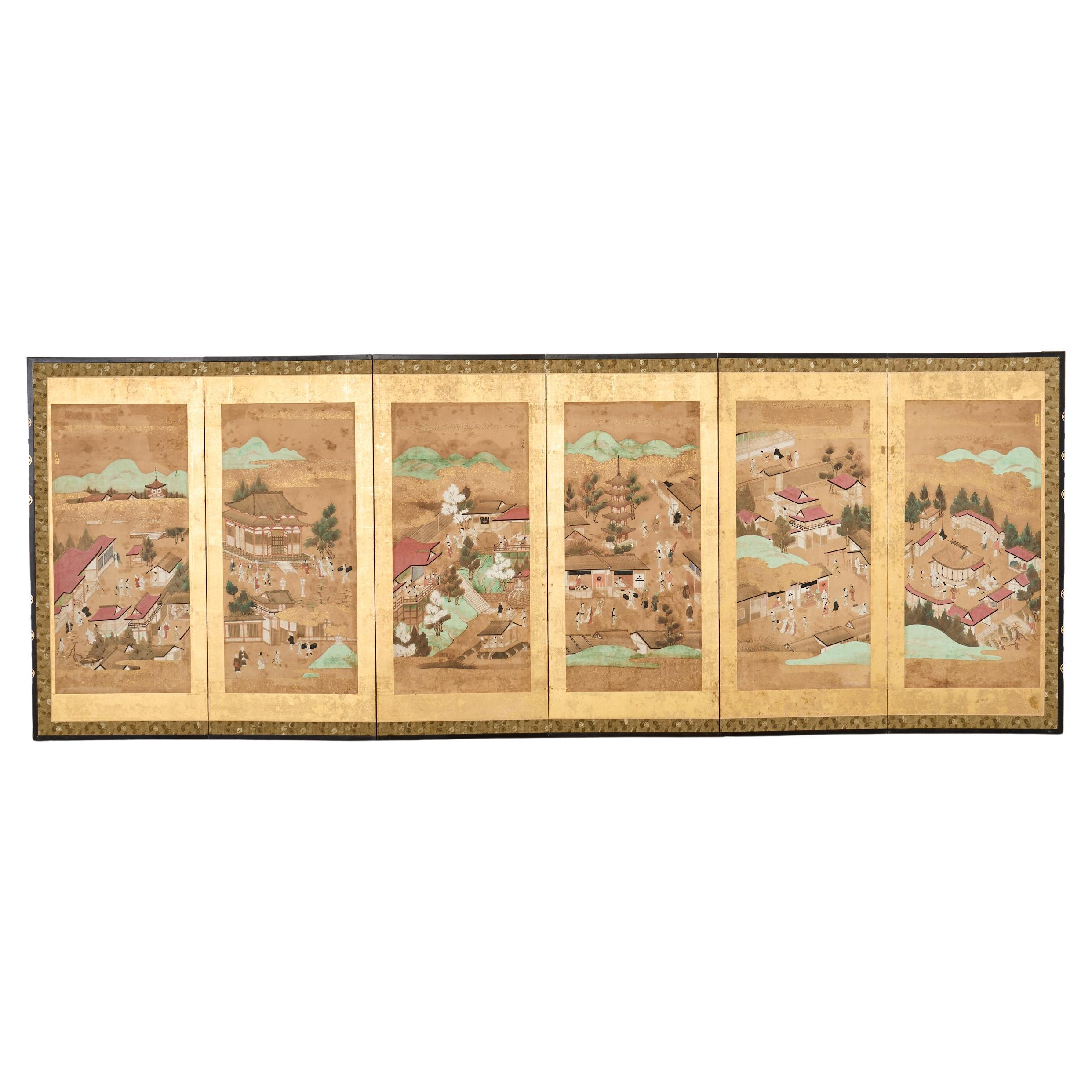 Paravento giapponese Edo del XIX secolo a sei pannelli con scene di Kyoto