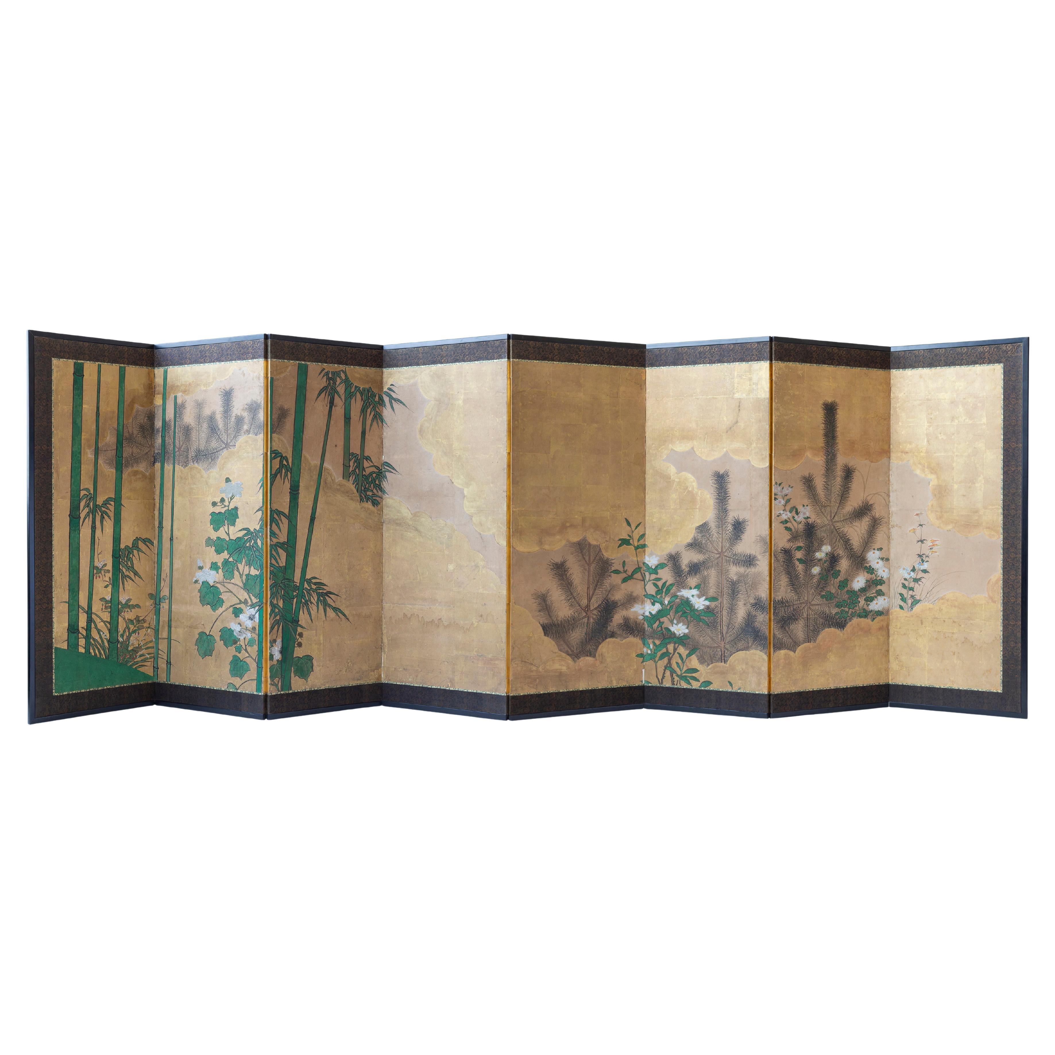 Paravent japonais du XIXe siècle à huit panneaux avec bambous, pins et nuages d
or en vente
