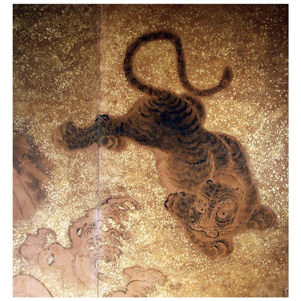 Meiji Period Japanese Two Panel Screen Painted on Rice Paper with Gold ...