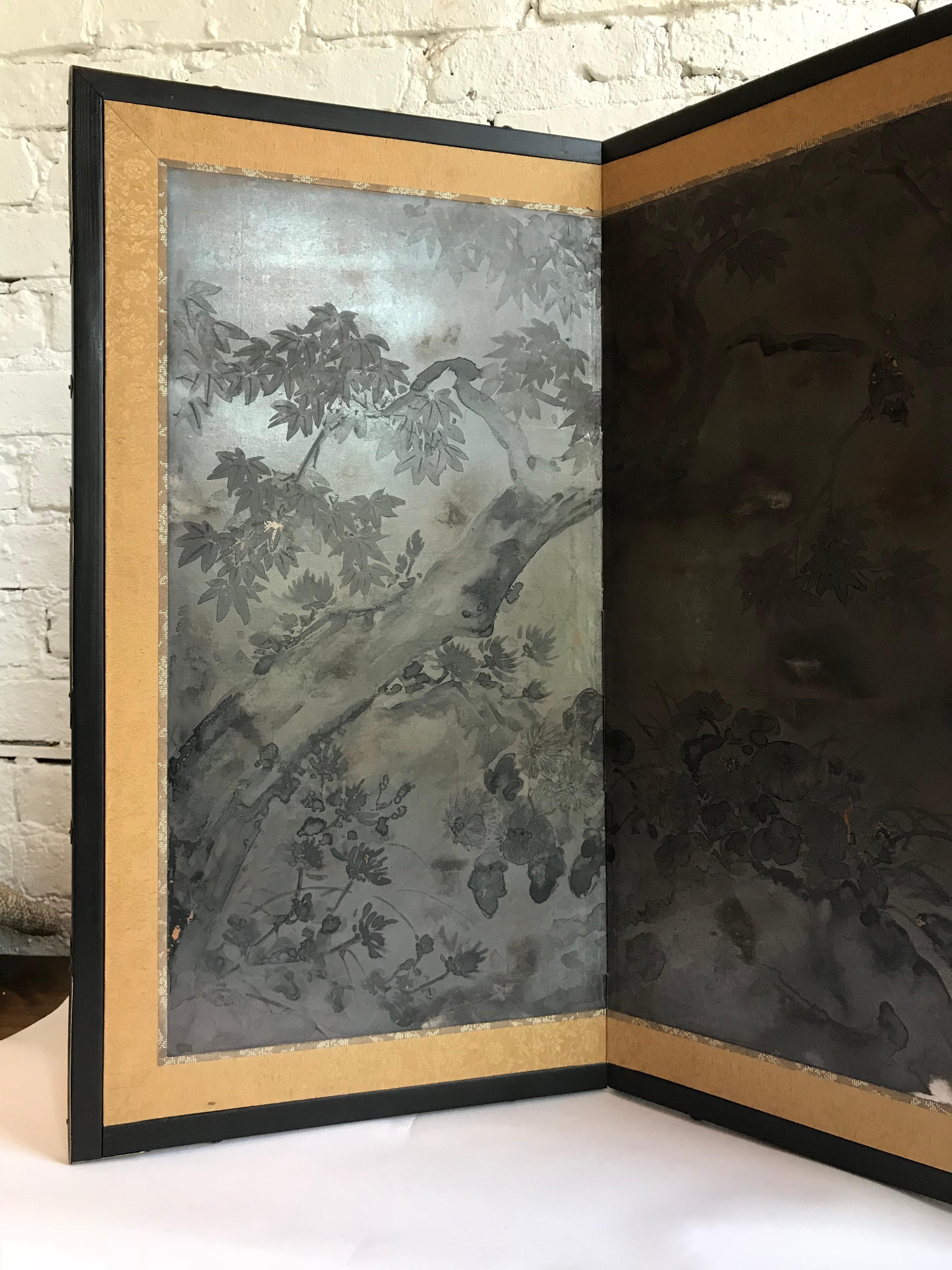 Hand-Painted 19th Century Japanese Four-Panel Silver Gilt Byobu Table or Wall Screen