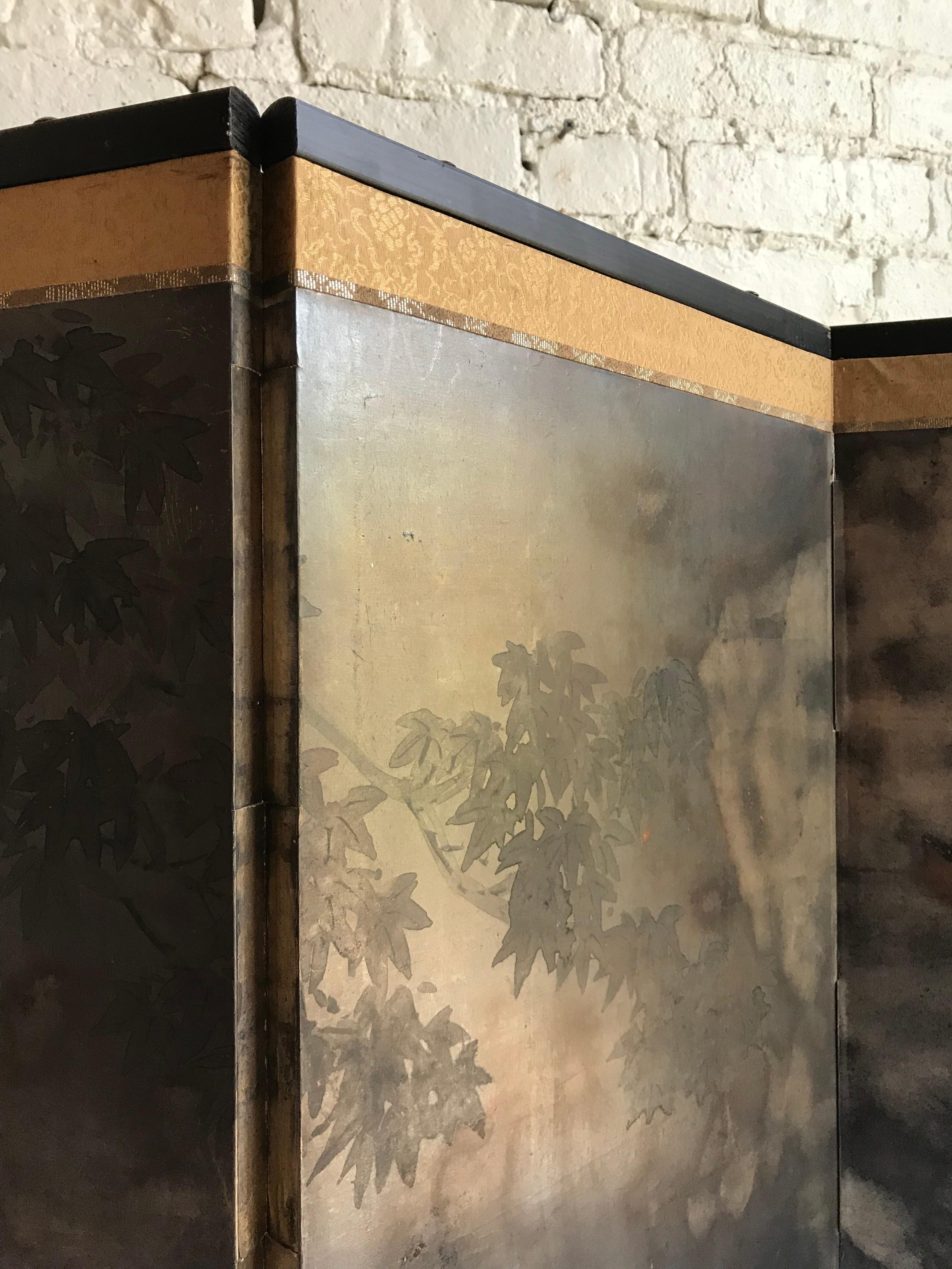 Silk 19th Century Japanese Four-Panel Silver Gilt Byobu Table or Wall Screen
