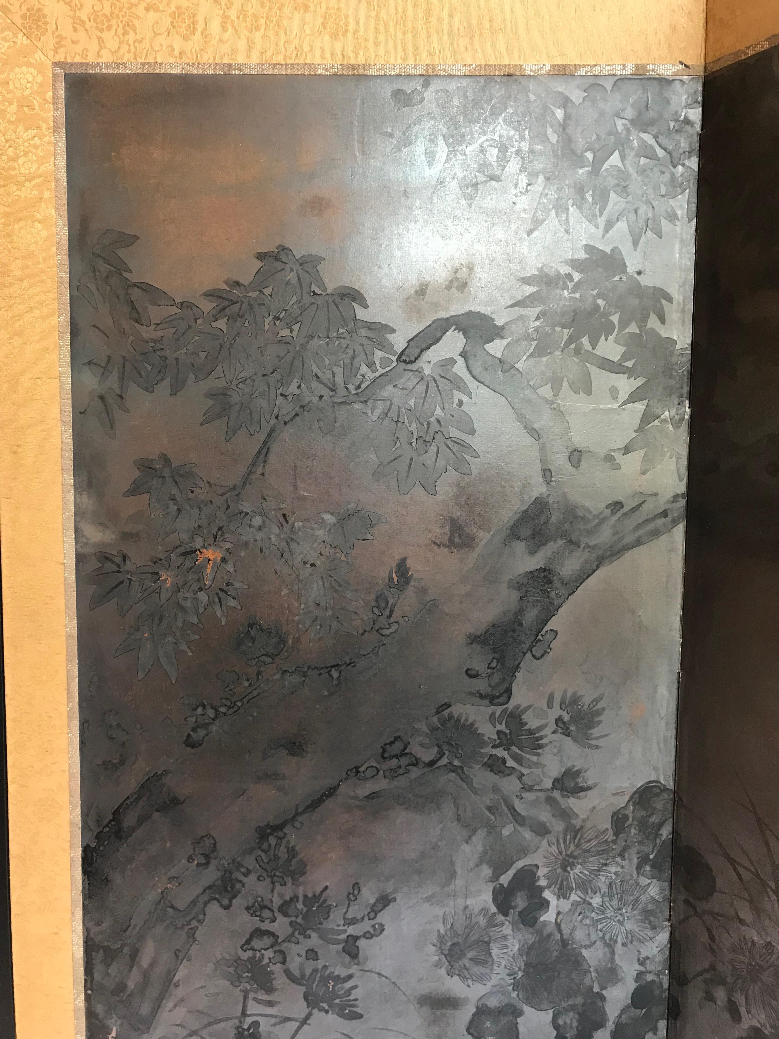 19th Century Japanese Four-Panel Silver Gilt Byobu Table or Wall Screen 2