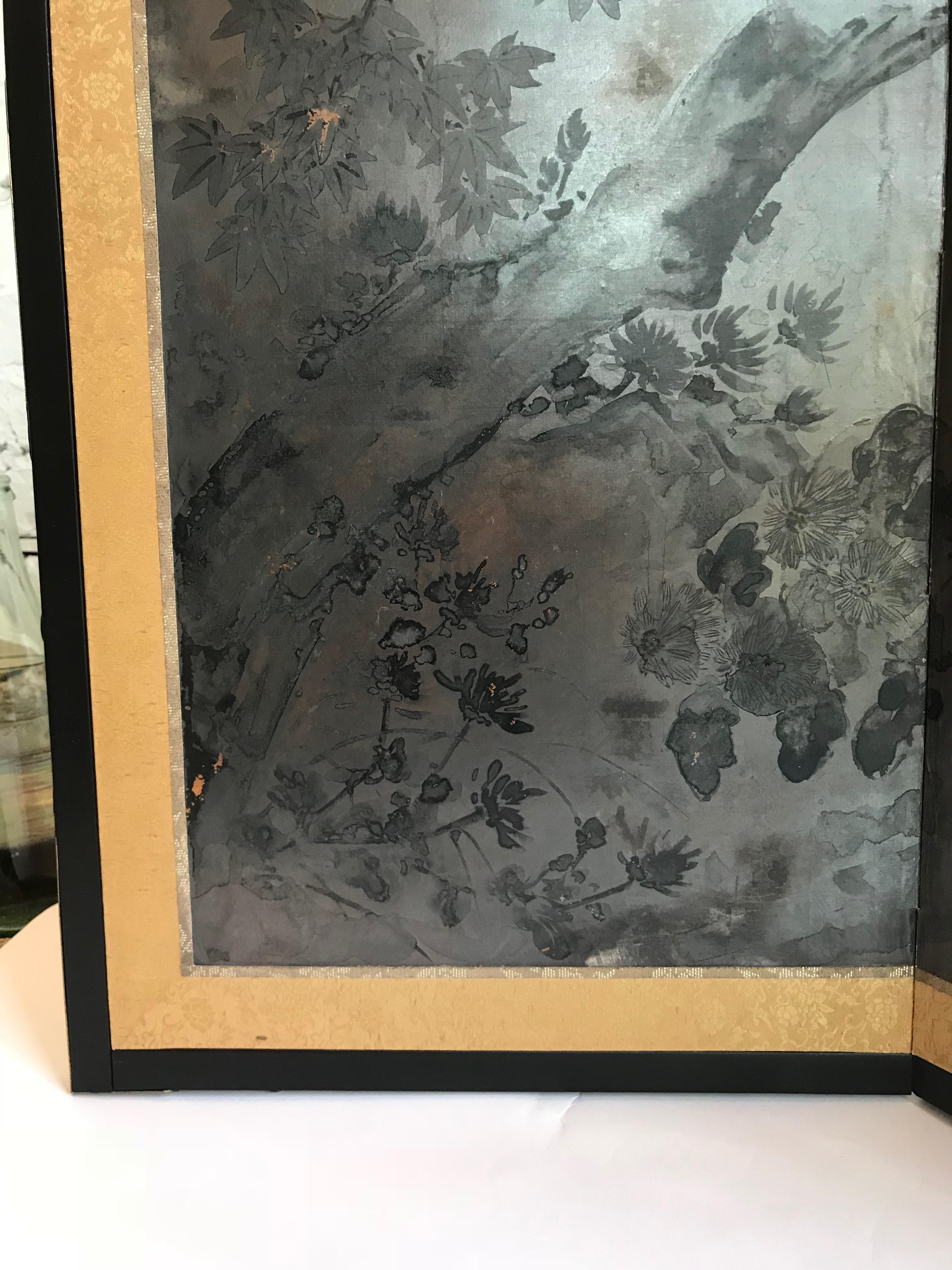 19th Century Japanese Four-Panel Silver Gilt Byobu Table or Wall Screen 3