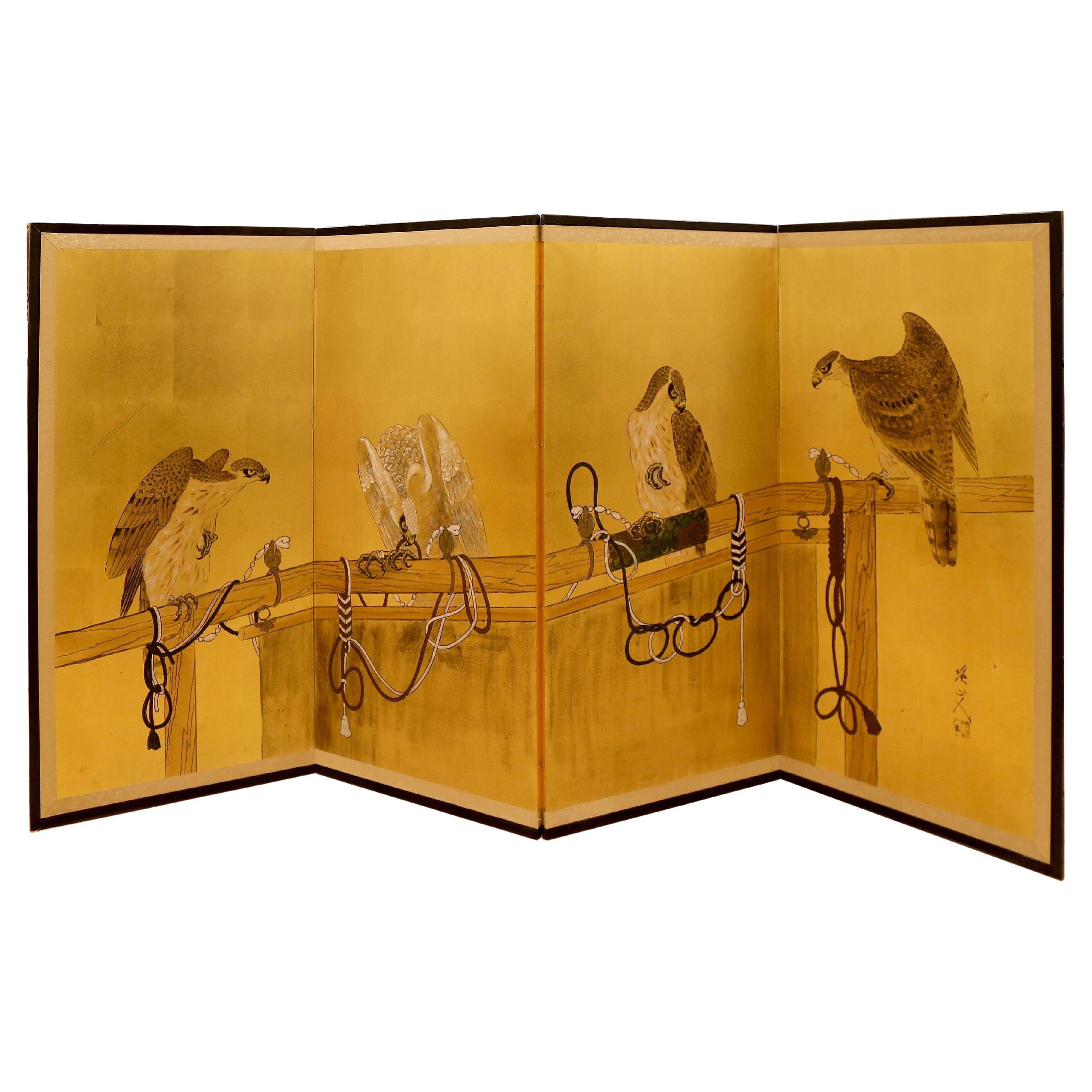 19th Century Japanese Gold Falcons Folding Screen For Sale