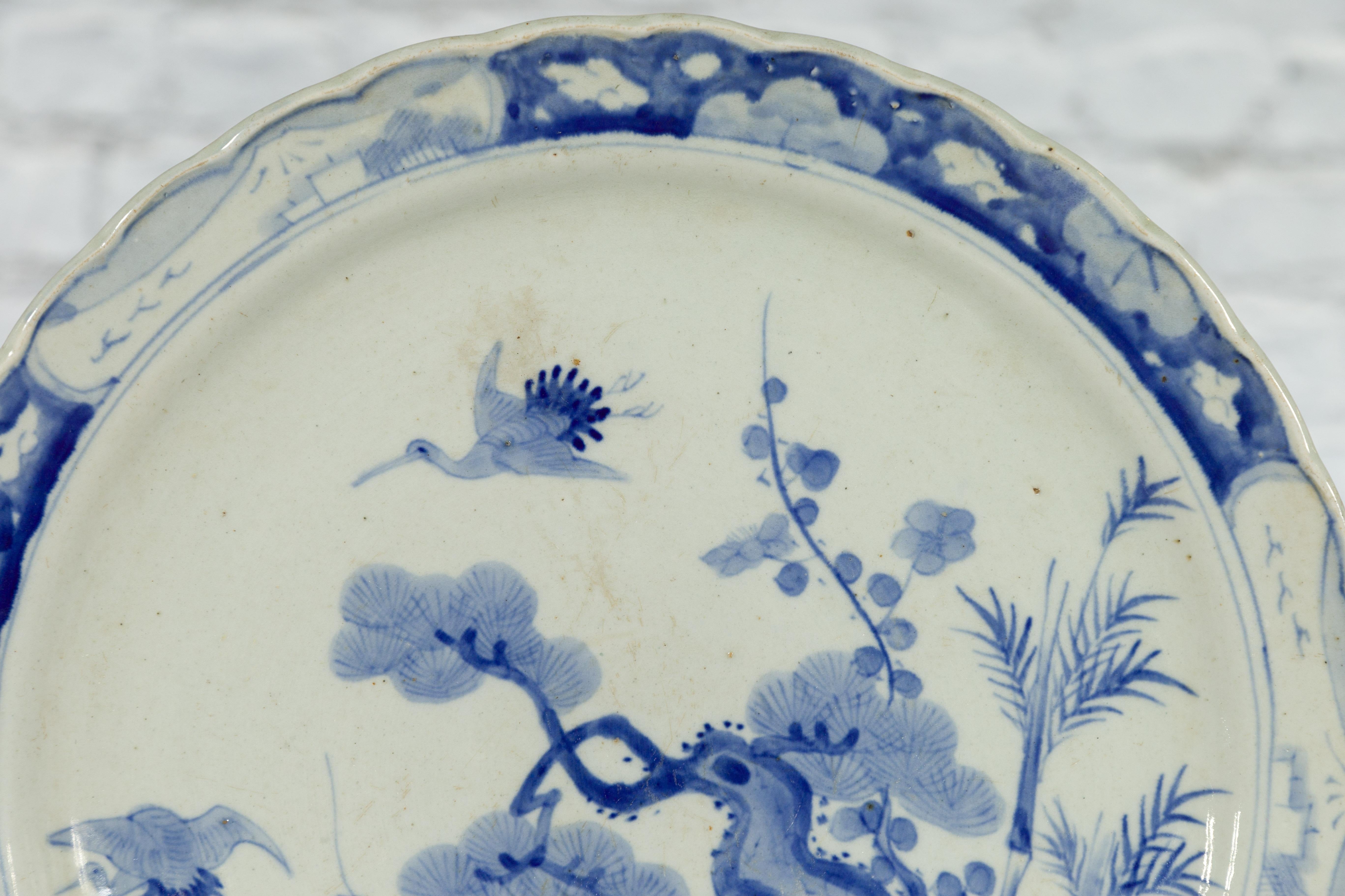 19th Century Japanese Hand-Painted Blue and White Porcelain Charger Plate For Sale 6