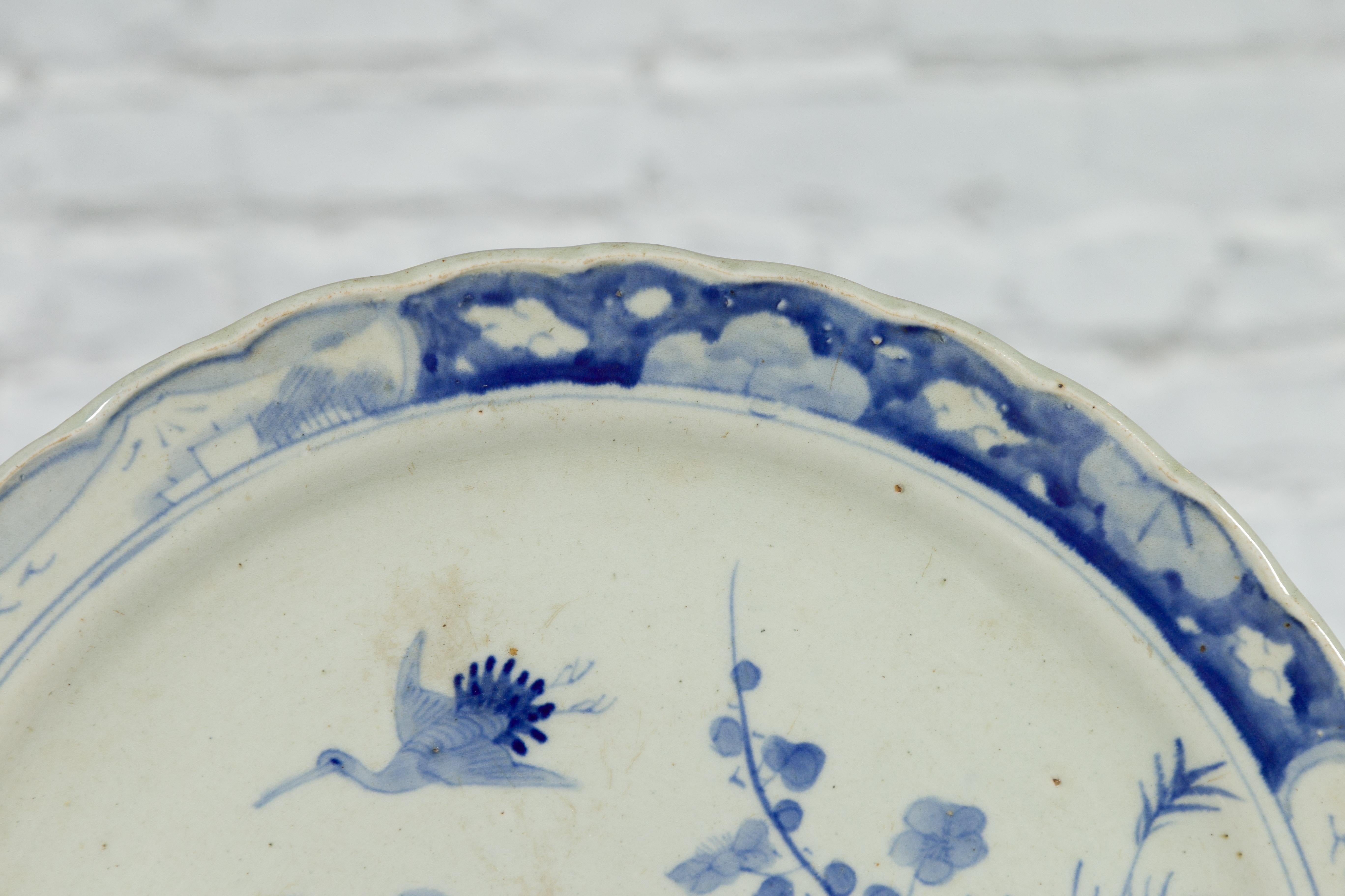 19th Century Japanese Hand-Painted Blue and White Porcelain Charger Plate For Sale 7