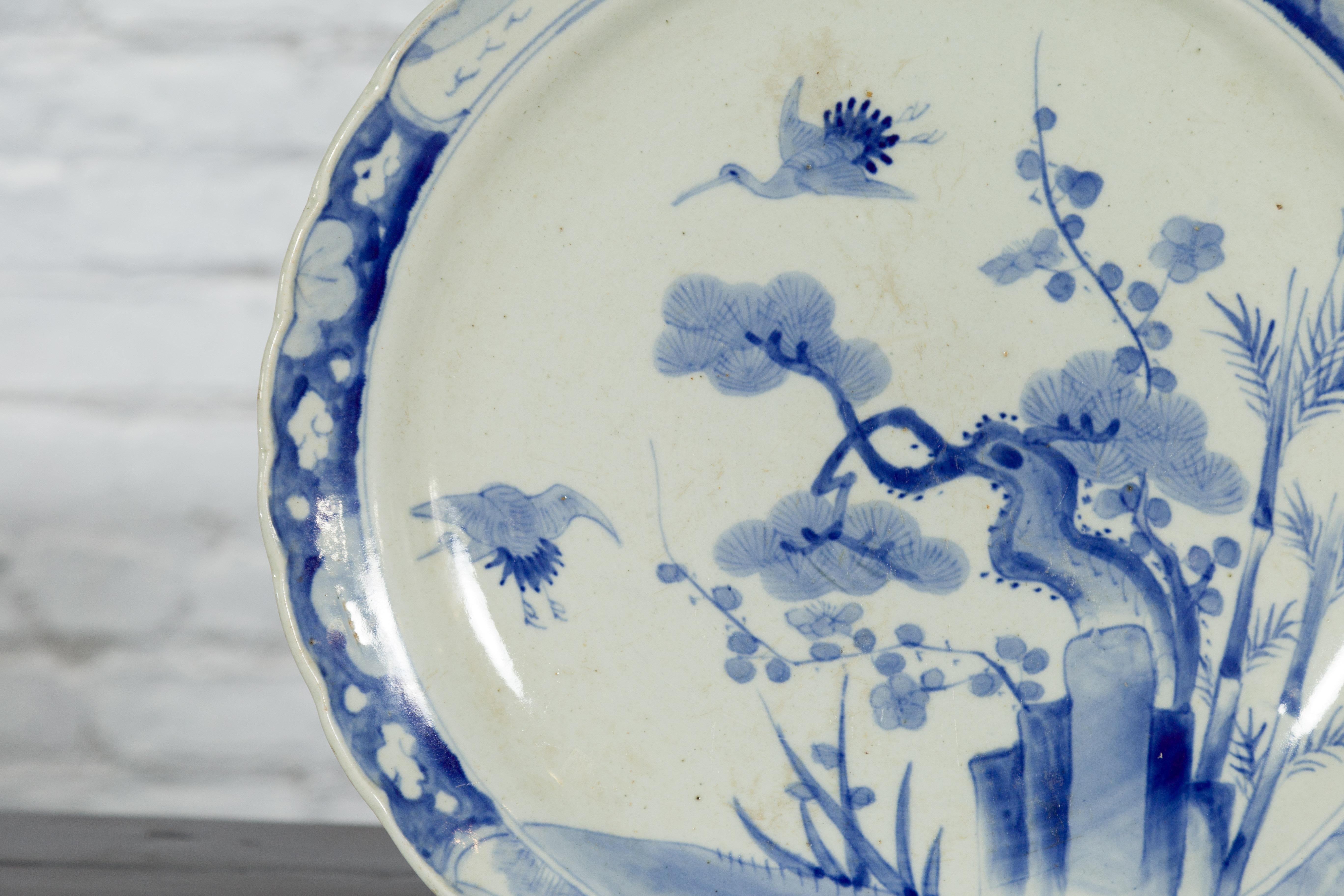 19th Century Japanese Hand-Painted Blue and White Porcelain Charger Plate For Sale 4