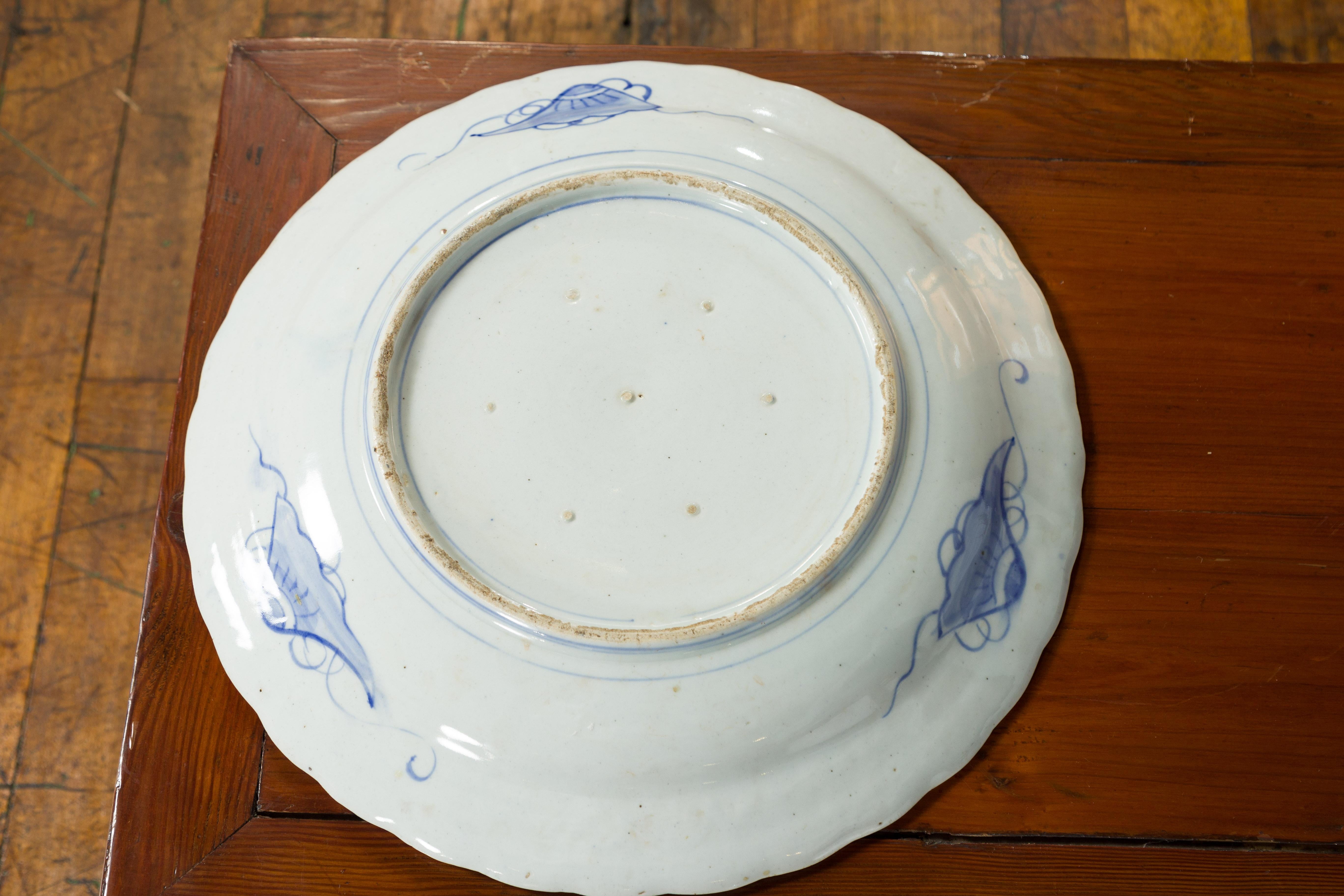 19th Century Japanese Hand-Painted Blue and White Porcelain Plate with Roosters For Sale 11