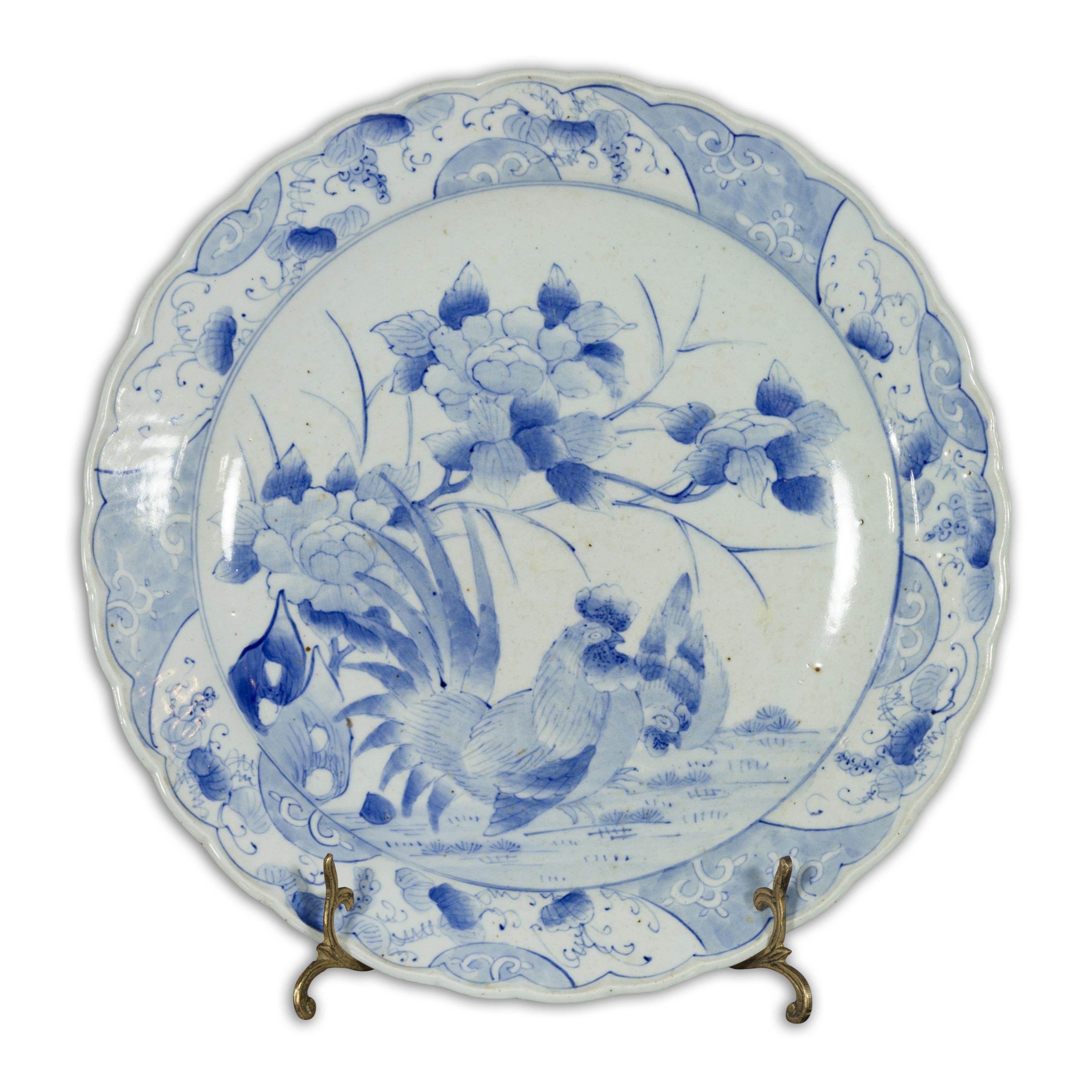 19th Century Japanese Hand-Painted Blue and White Porcelain Plate with Roosters For Sale 12