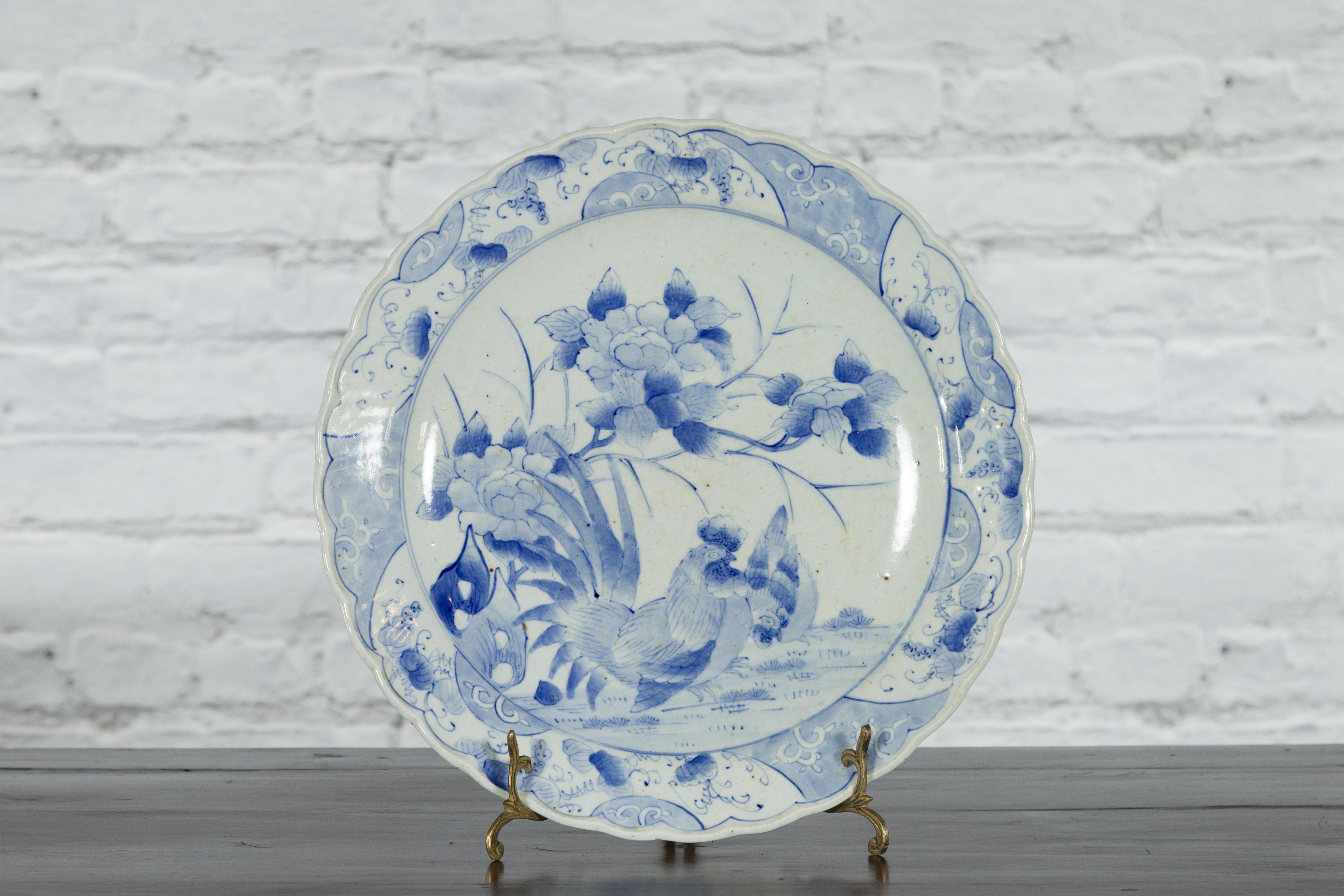 19th Century Japanese Hand-Painted Blue and White Porcelain Plate with Roosters In Good Condition For Sale In Yonkers, NY