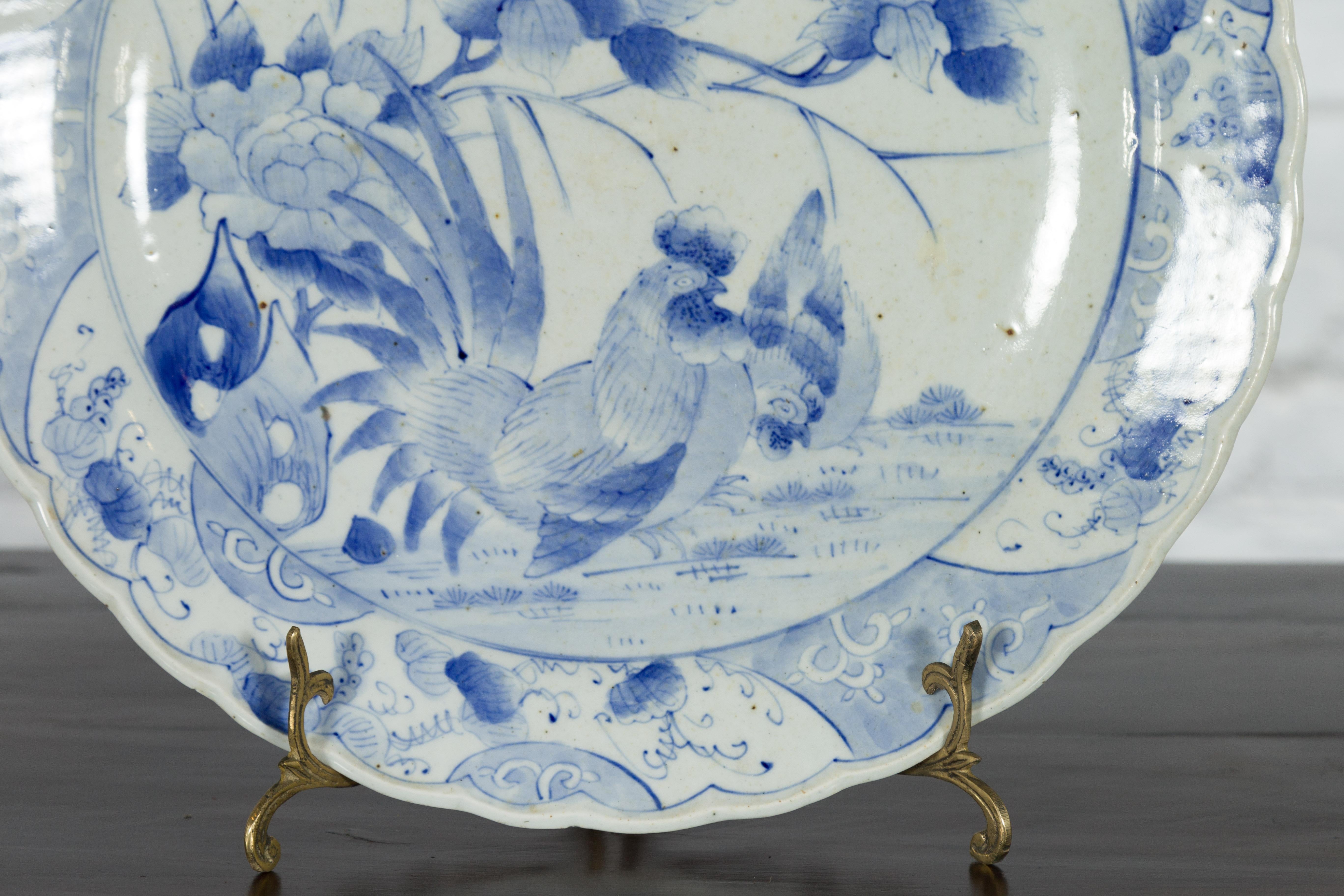 19th Century Japanese Hand-Painted Blue and White Porcelain Plate with Roosters For Sale 3