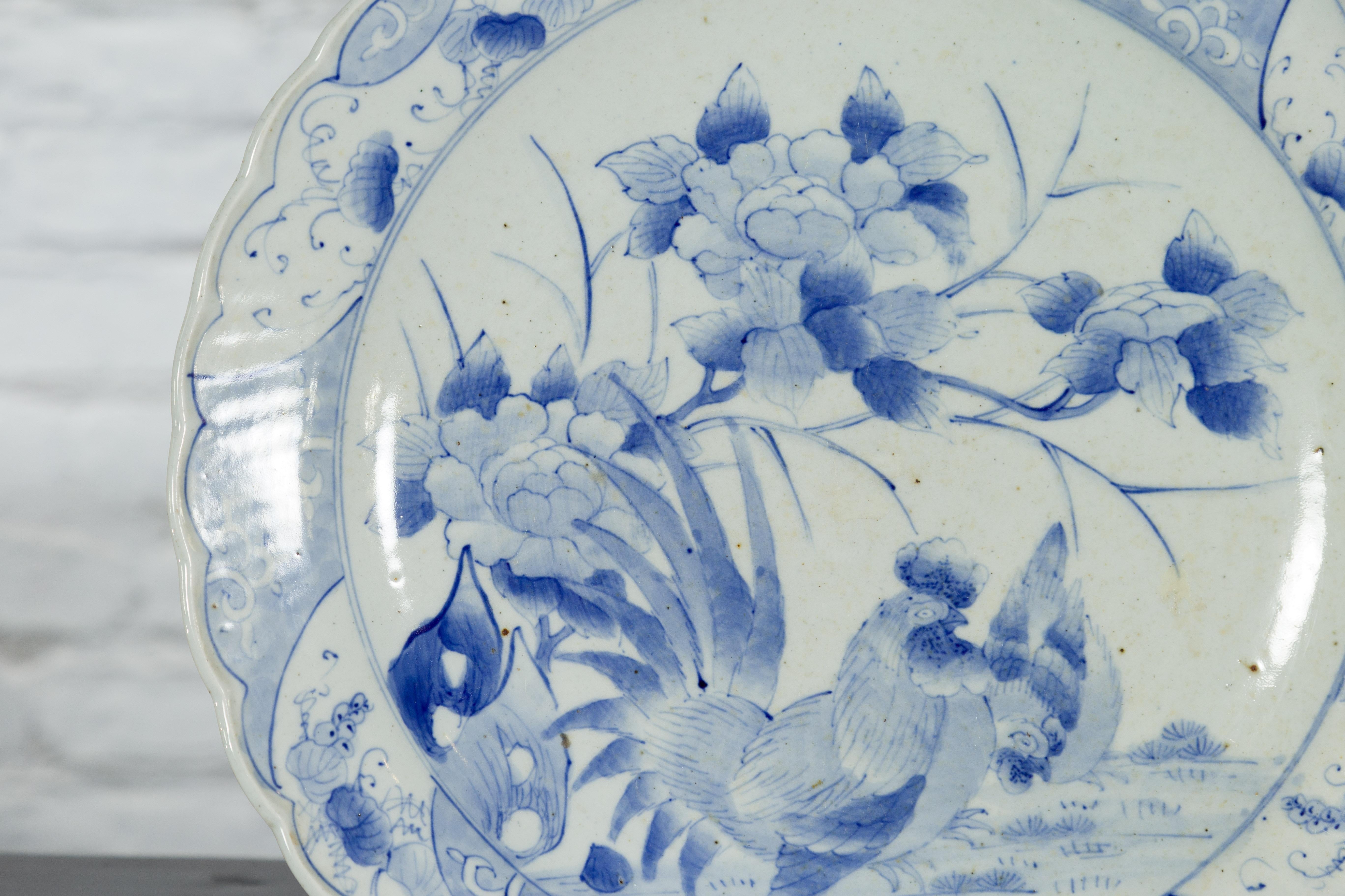19th Century Japanese Hand-Painted Blue and White Porcelain Plate with Roosters For Sale 4