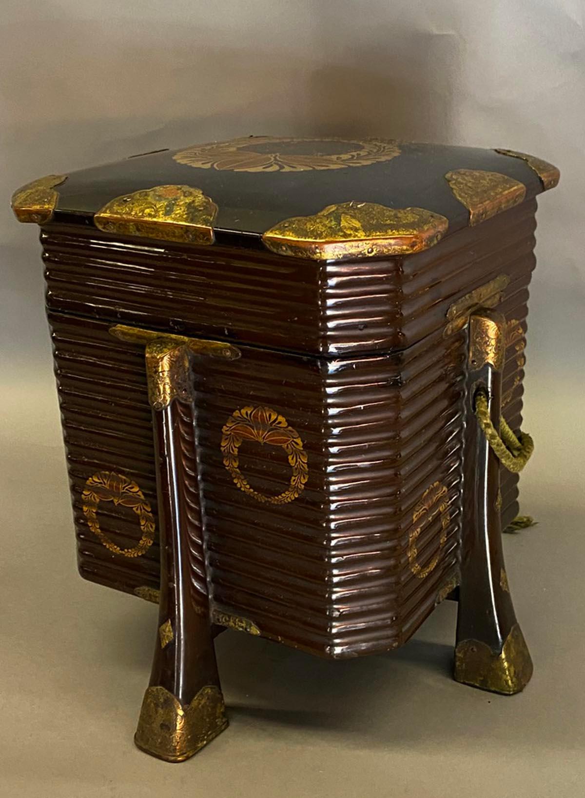 19th Century Japanese Hokkai, Lacquered Decorative Box in Gold and Black In Good Condition In Los Angeles, CA