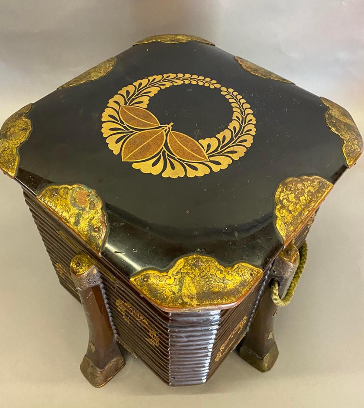 Brass 19th Century Japanese Hokkai, Lacquered Decorative Box in Gold and Black