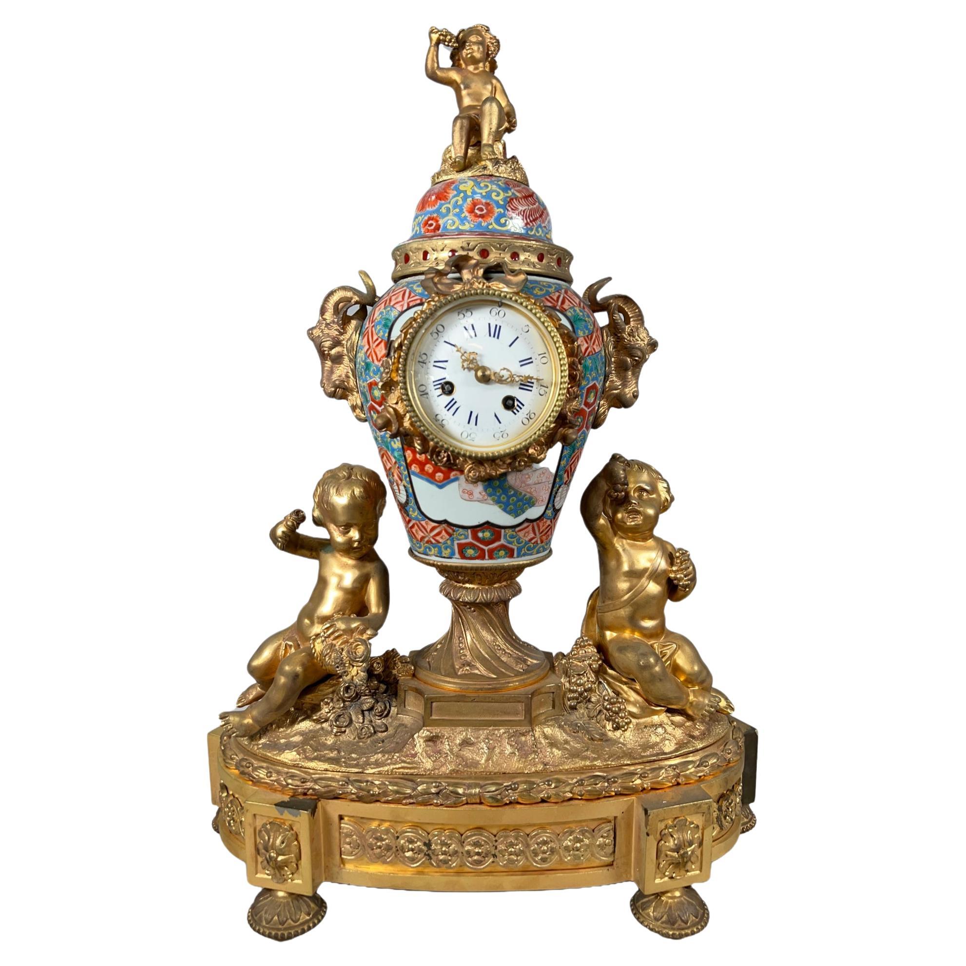 19th Century Japanese Imari & French Bronze Mantel Clock For Sale