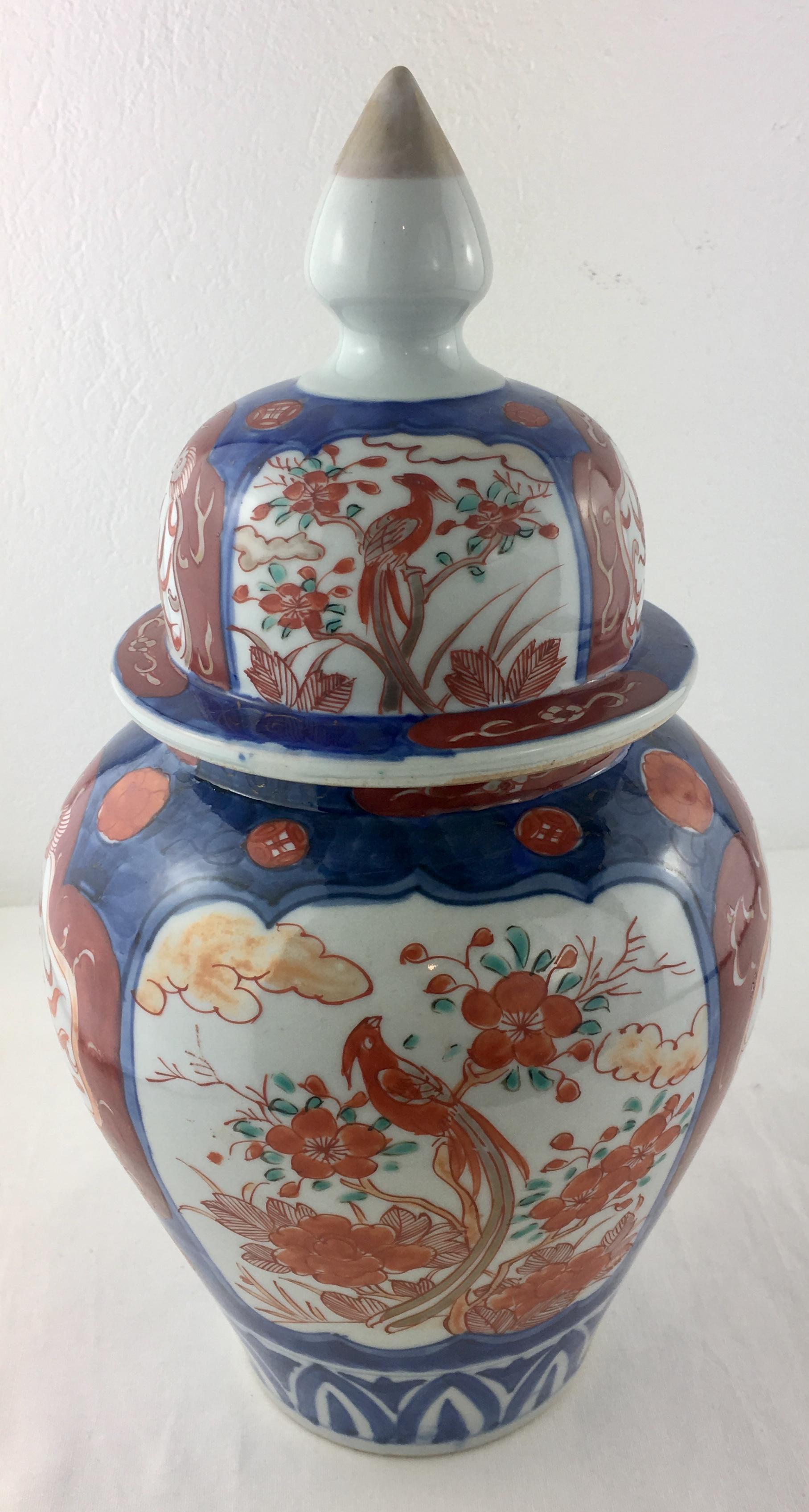 Hand-Painted 19th Century Japanese Imari Temple Jar and Lid For Sale