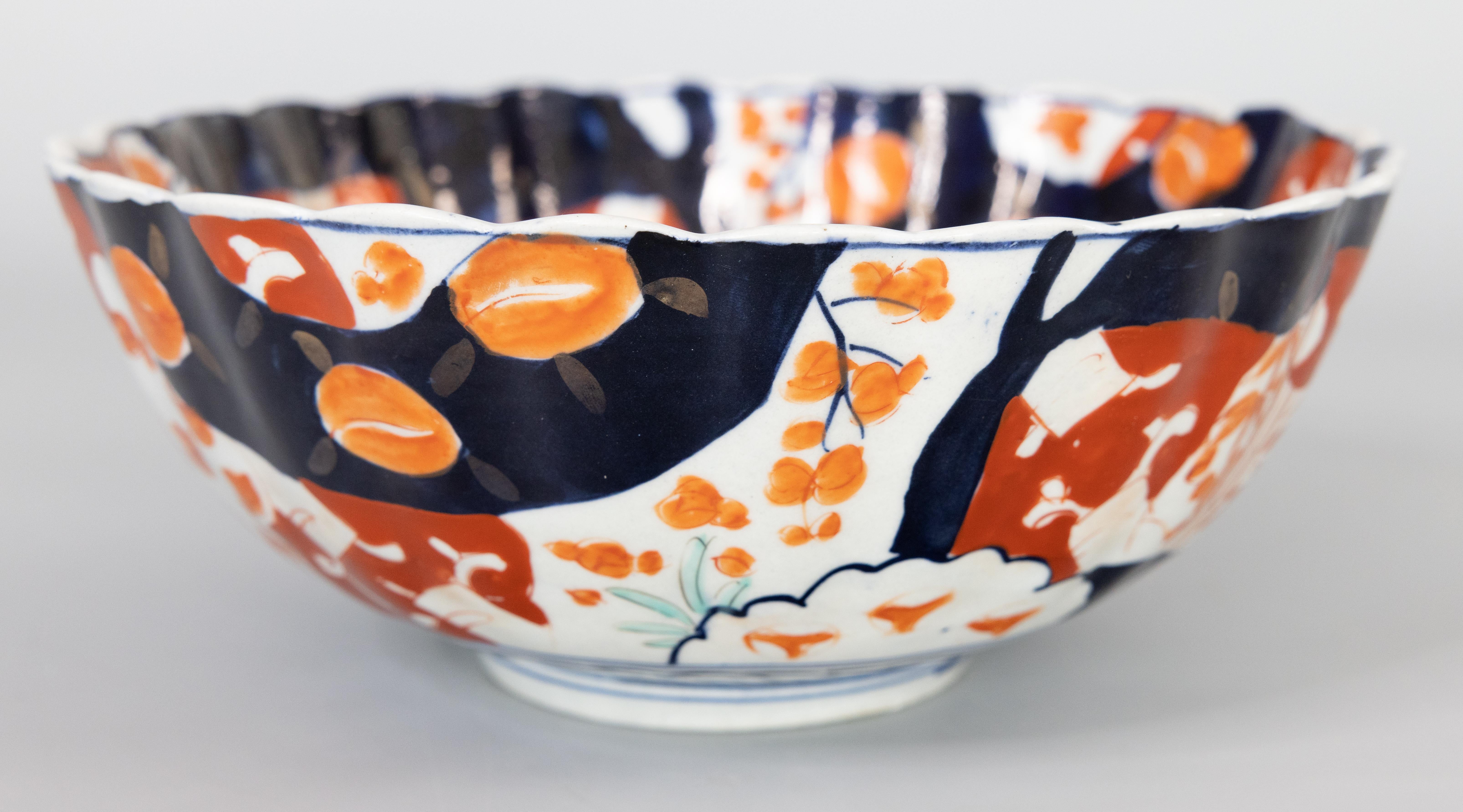 Hand-Painted 19th Century Japanese Imari Scalloped Punch Bowl Centerpiece