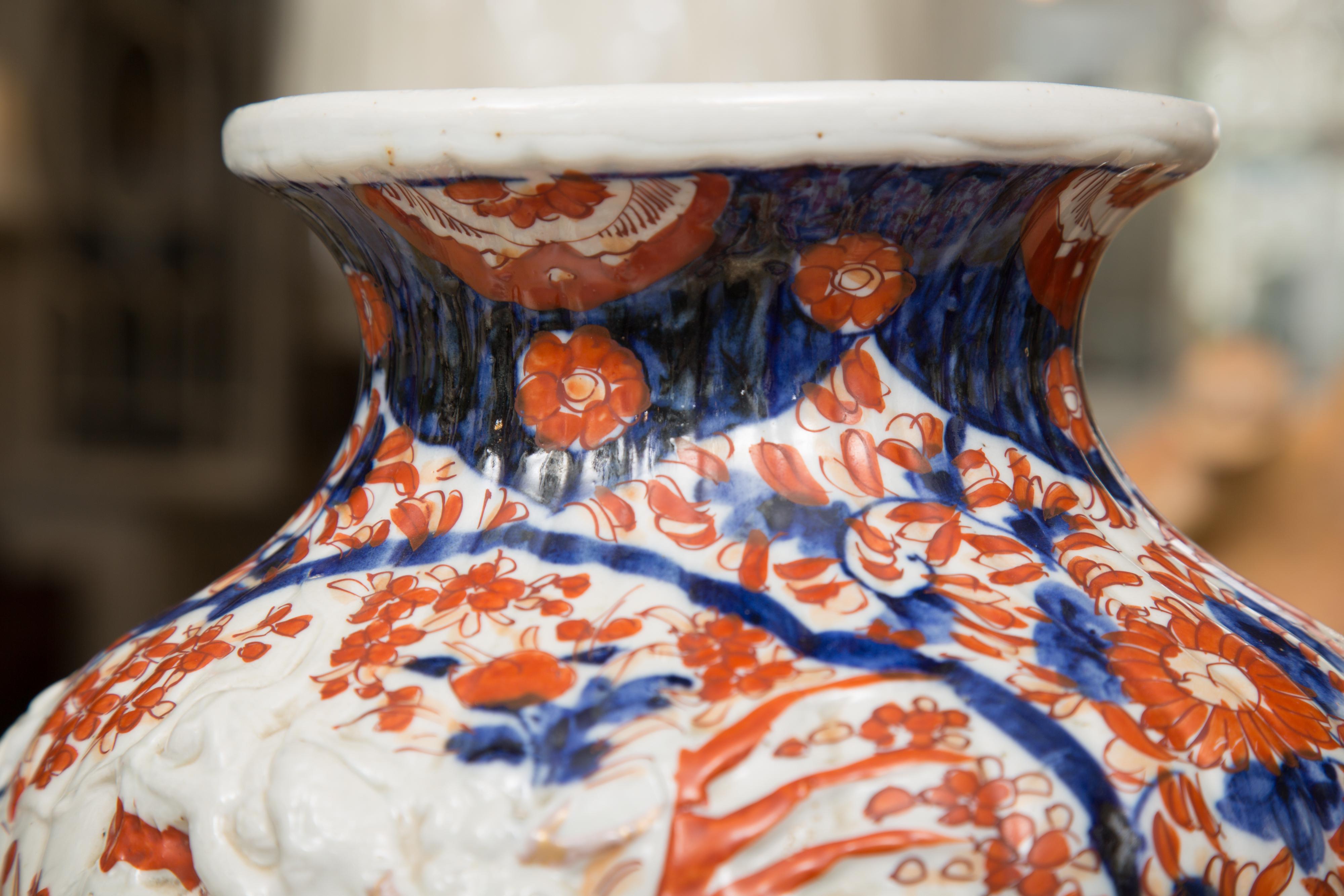 Porcelain 19th Century Japanese Imari Vases with Raised Dragon For Sale