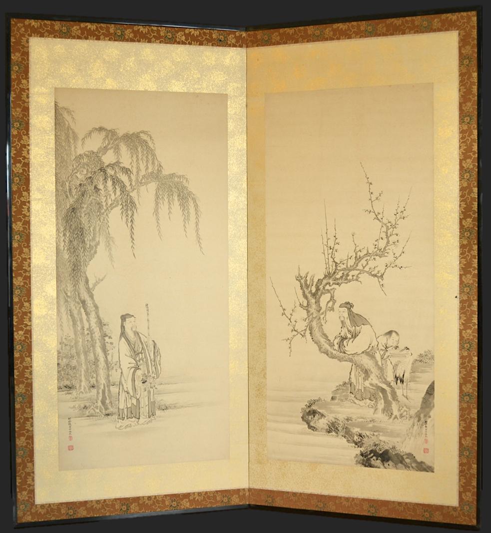 Pair of two-panel folding screens with four single paintings by Kanô Eigaku (1790-1867), 9th leading master of the Kano branch in Kyoto. He often signed as in this example under his name Kanô Nui'nosuke Eigaku.

The fine monochrome ink paintings