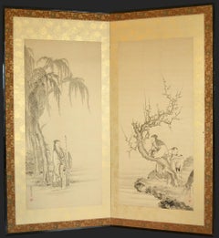 19th Century Japanese Ink Painted Screens with Chinese Poets by Kano Eigaku