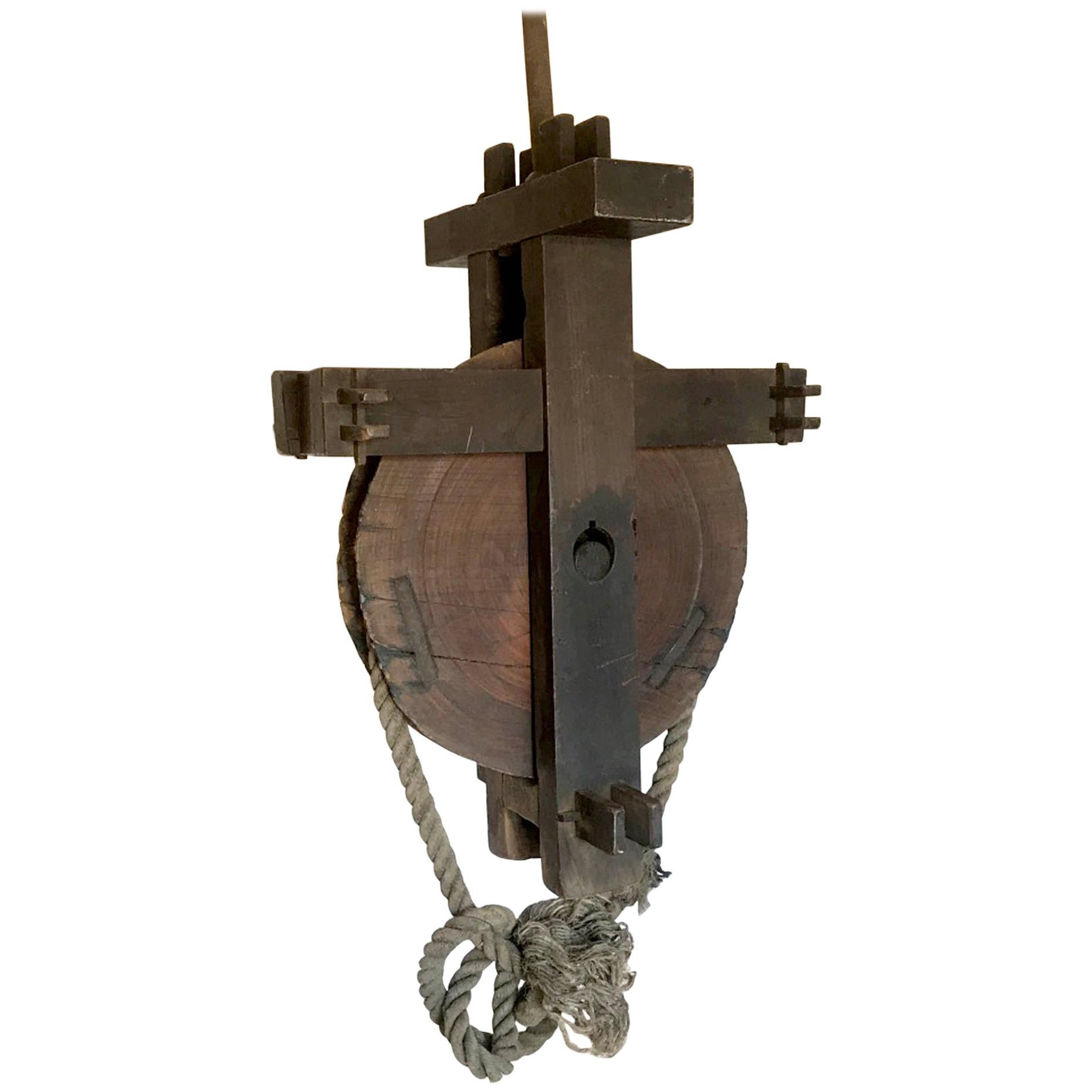 19th Century Japanese Iron Wood and Rope Pulley Wheel, Kassha