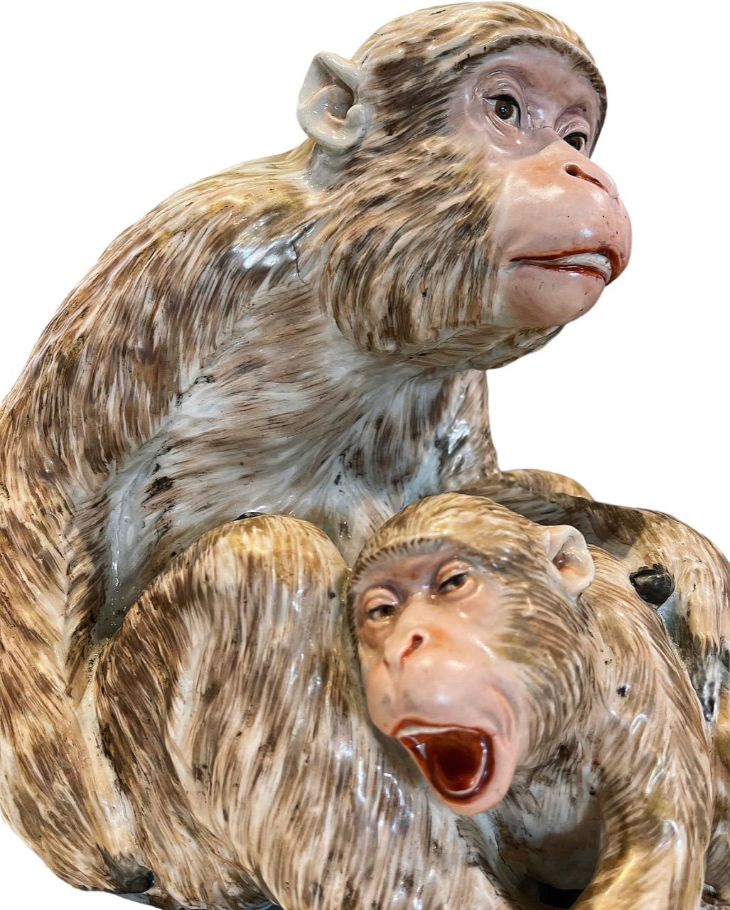 Gilt 19th Century Japanese Kutani Porcelain Mother Monkey and Son For Sale