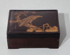 19th Century Japanese Lacquer Box with Maki-e Eagle and Pine Painting, Signed