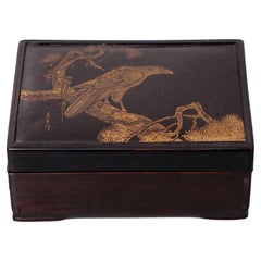 Antique 19th Century Japanese Lacquer Box with Maki-e Eagle and Pine Painting, Signed