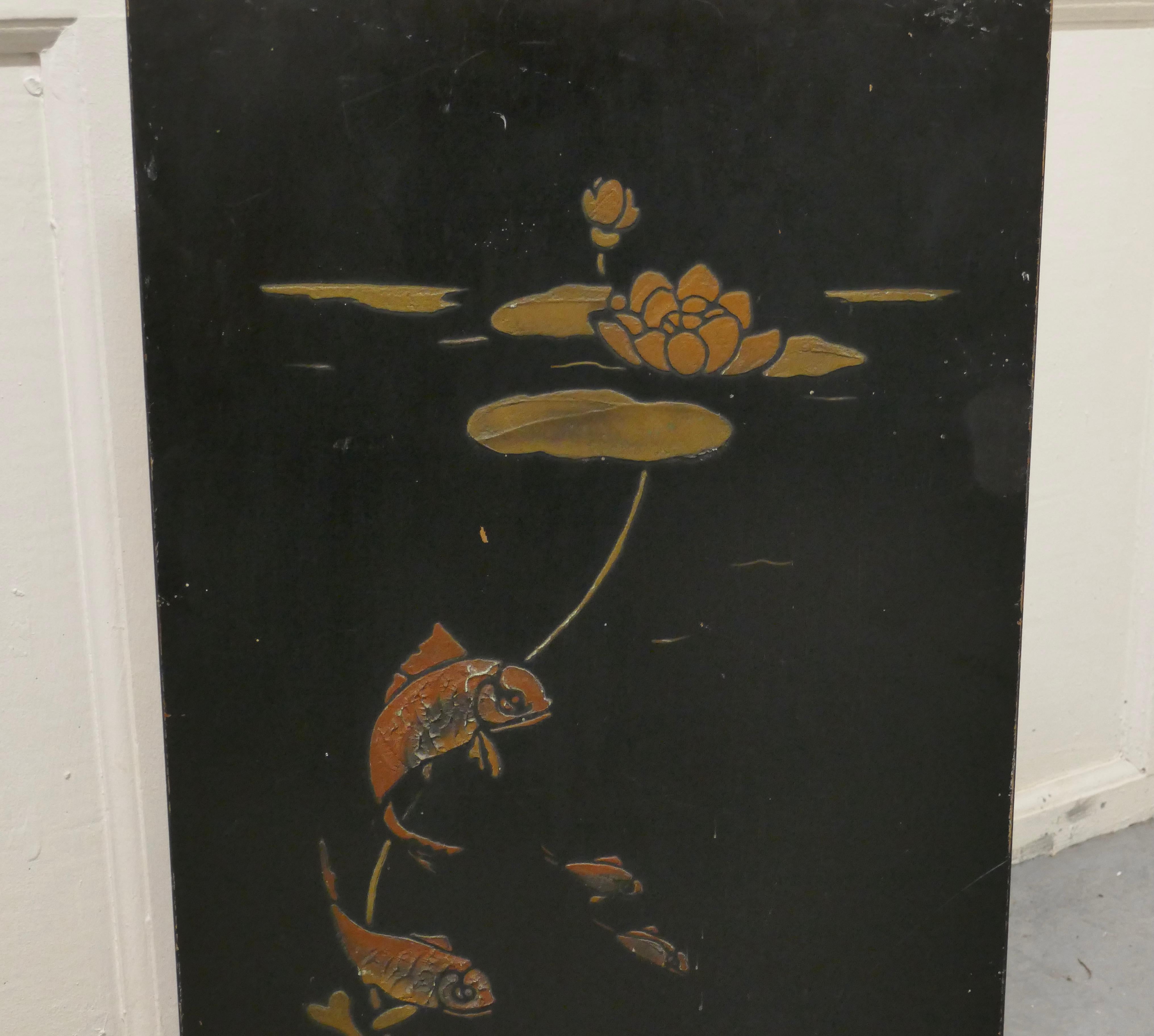 Japonisme 19th Century Japanese Lacquer Fire Screen, Decorated with Carp
