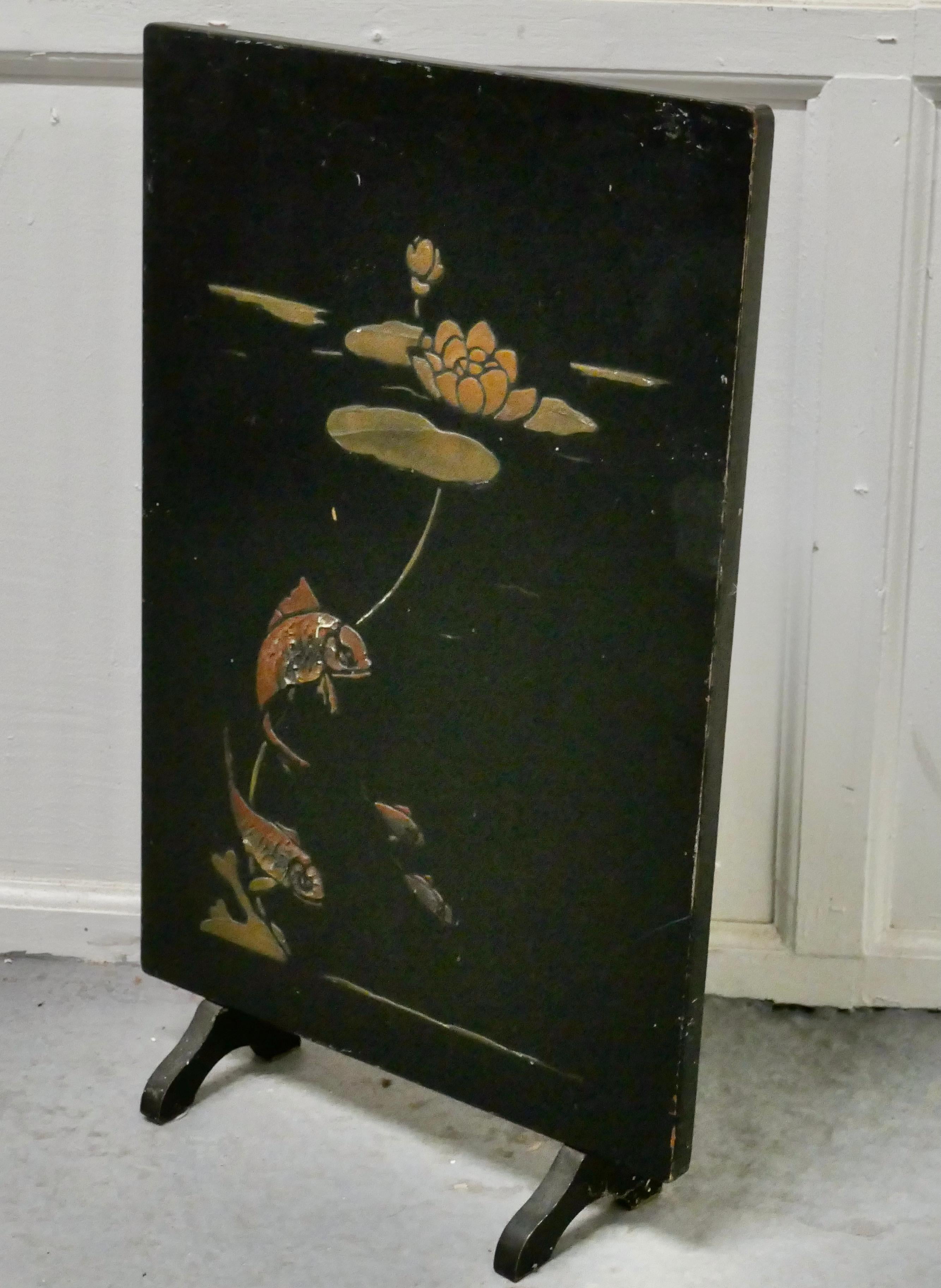 19th Century Japanese Lacquer Fire Screen, Decorated with Carp In Fair Condition In Chillerton, Isle of Wight