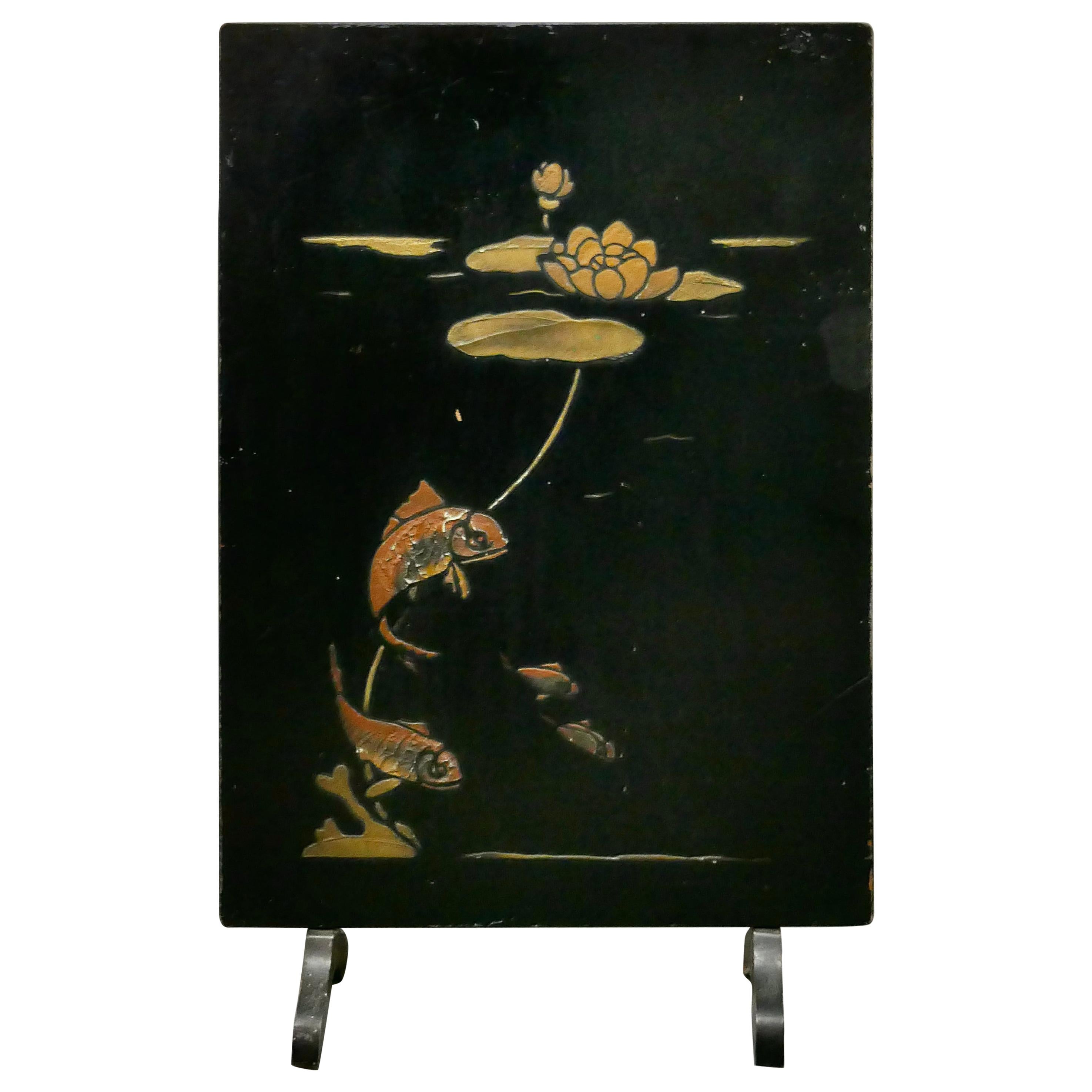 19th Century Japanese Lacquer Fire Screen, Decorated with Carp