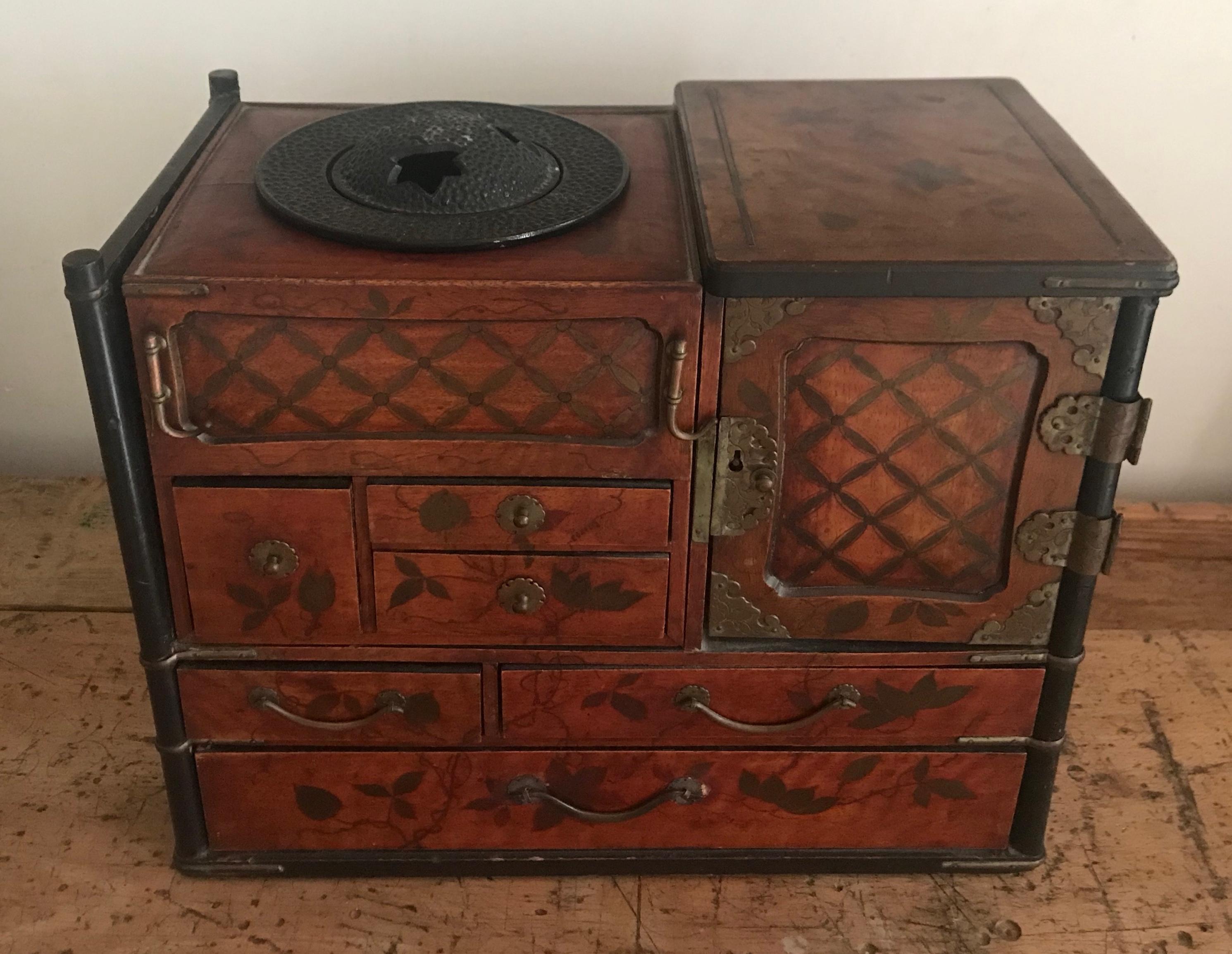 19th century Japanese lacquered tansu used for opium smoking. Having 8 drawers used to store smoking paraphernalia . Lacquered in a deep cinnabar colour with brown/black details. Bronze hardware includes the original swivelling hooks to hold the