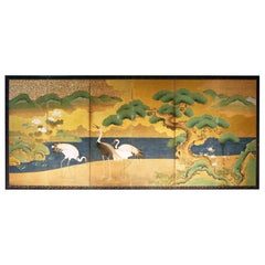 paravent de paysage japonais du XIXe siècle en papier de riz et feuille d'or