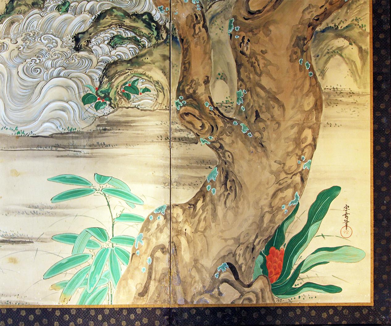 Edo Period Kano School, six panels Japanese folding screen cranes pine trees and waterfalls.