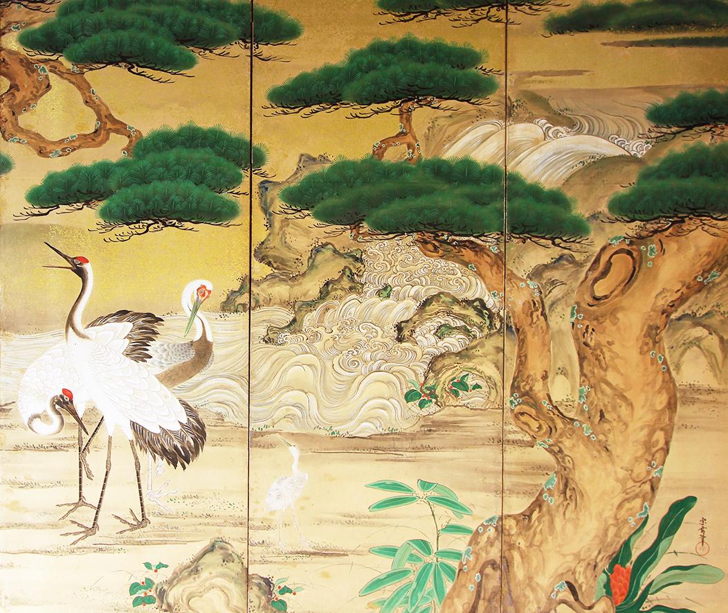 Edo 19th Century Japanese Landscape Folding Screen Rice Paper and Gold Specks