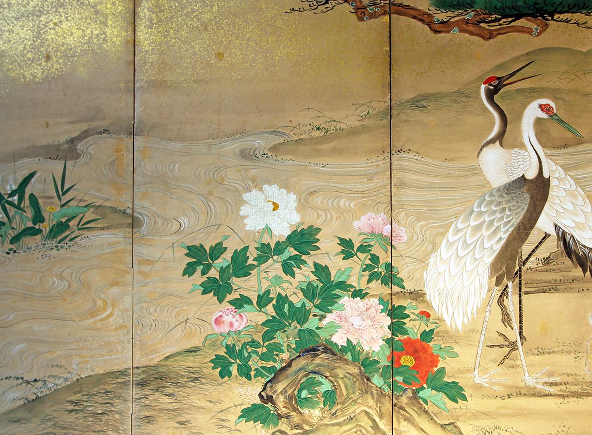 19th Century Japanese Landscape Folding Screen Rice Paper and Gold Specks In Good Condition In Brescia, IT