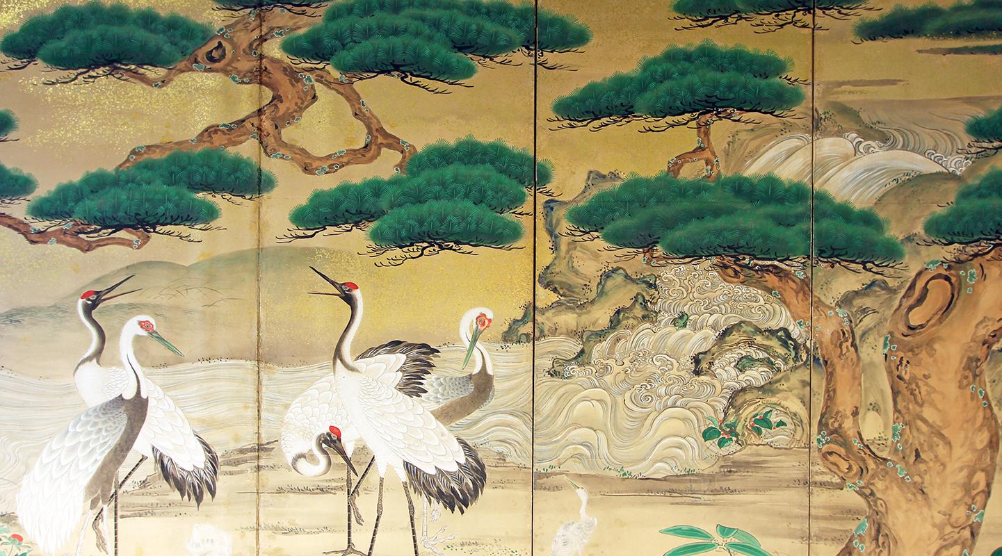 Gold Leaf 19th Century Japanese Landscape Folding Screen Rice Paper and Gold Specks