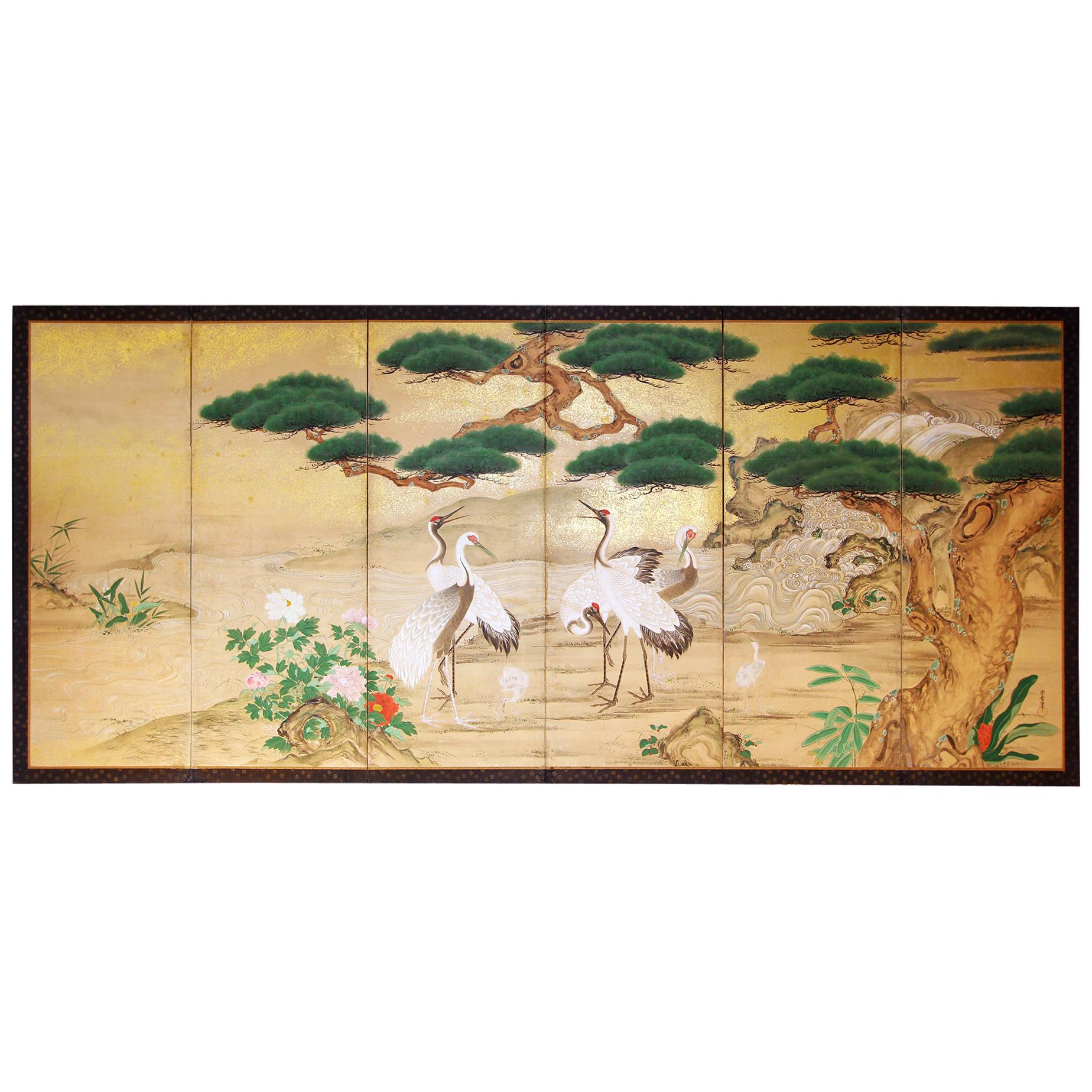 19th Century Japanese Landscape Folding Screen Rice Paper and Gold Specks