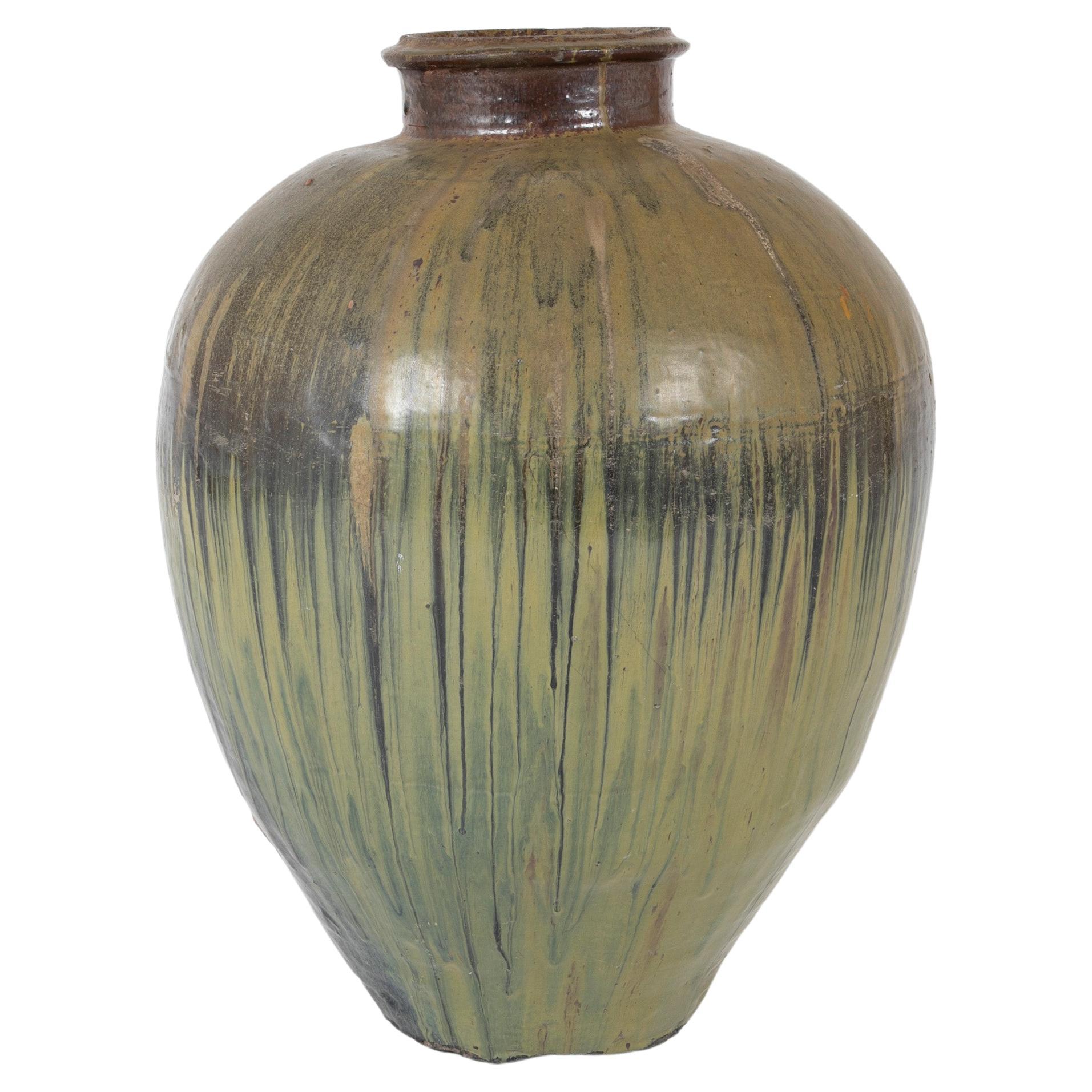 19th Century Japanese Large Scale Green Glazed Ceramic Storage Jar