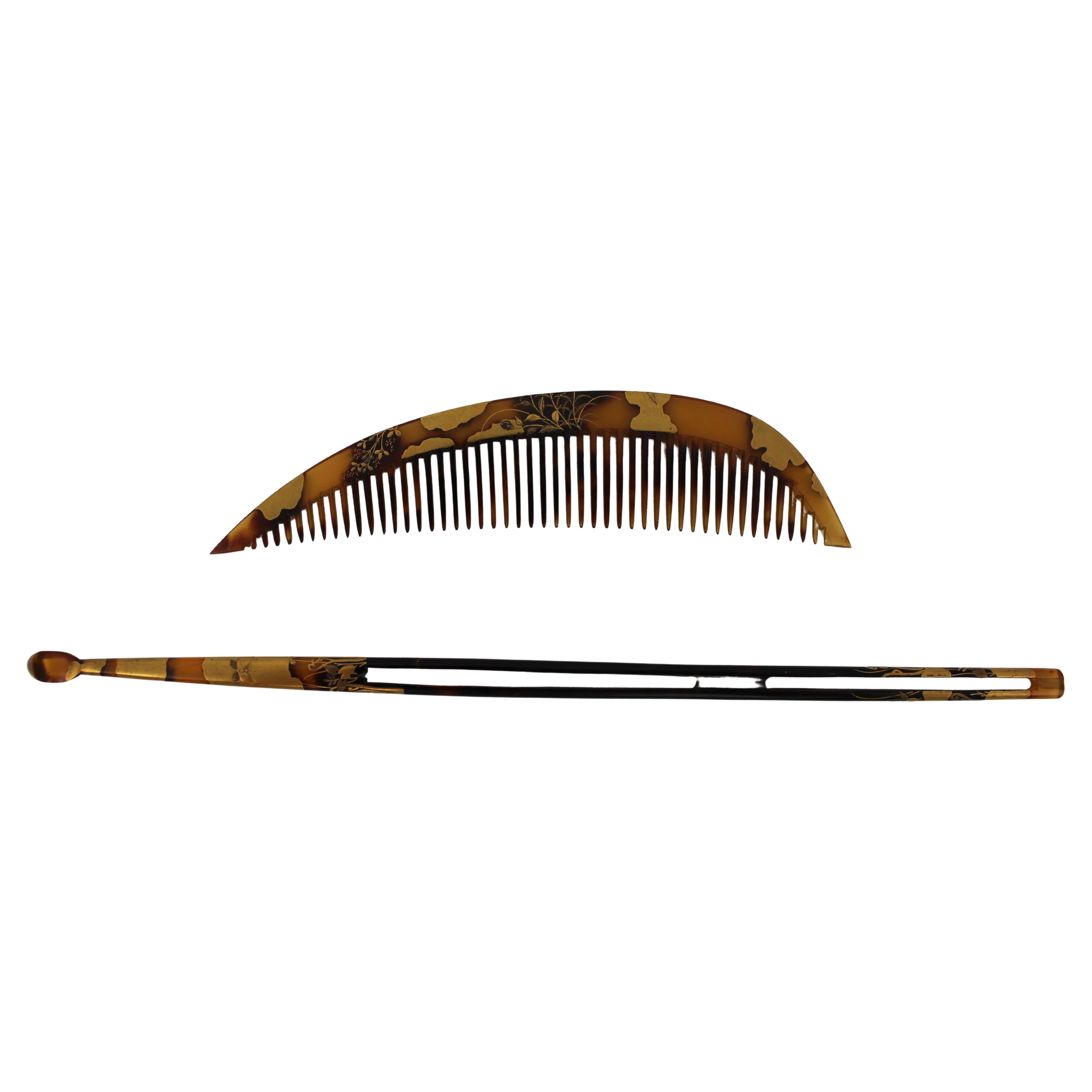 19th Century Japanese Makie Kushi and Kanzashi Hair Ornament Set