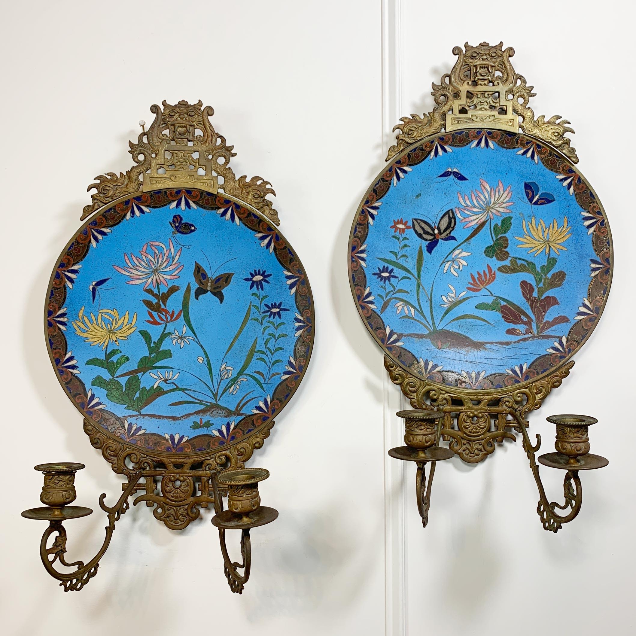 19th C Blue Japanese Meiji Cloisonne Enamel Plate Candle Sconces 5